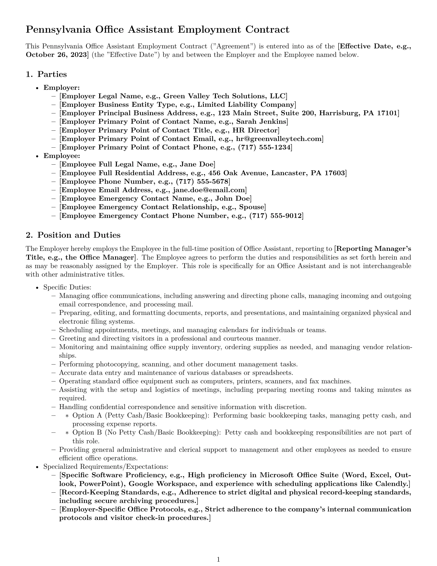 Preview page 1 of Pro Pennsylvania office assistant employment contract template