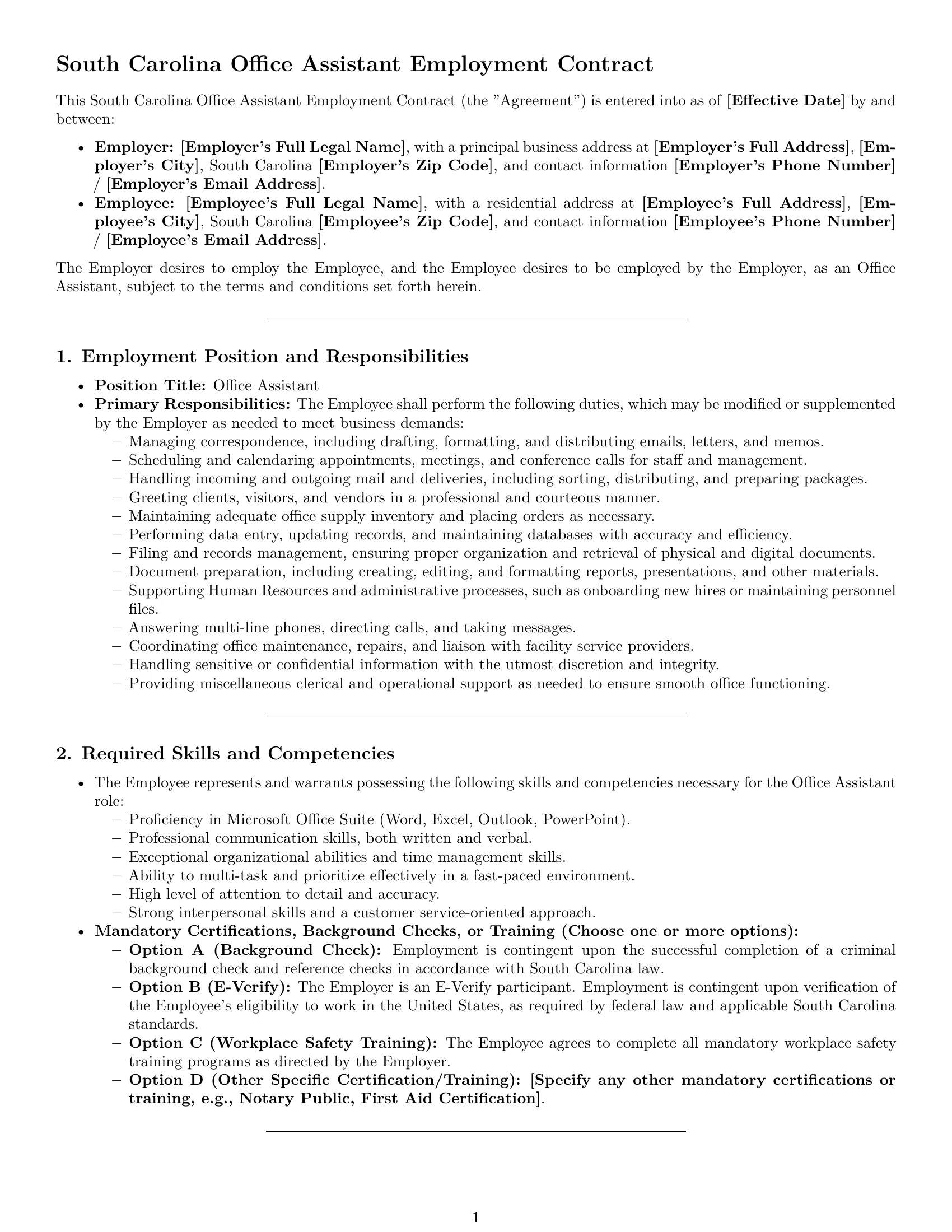 Preview page 1 of Pro South Carolina office assistant employment contract template