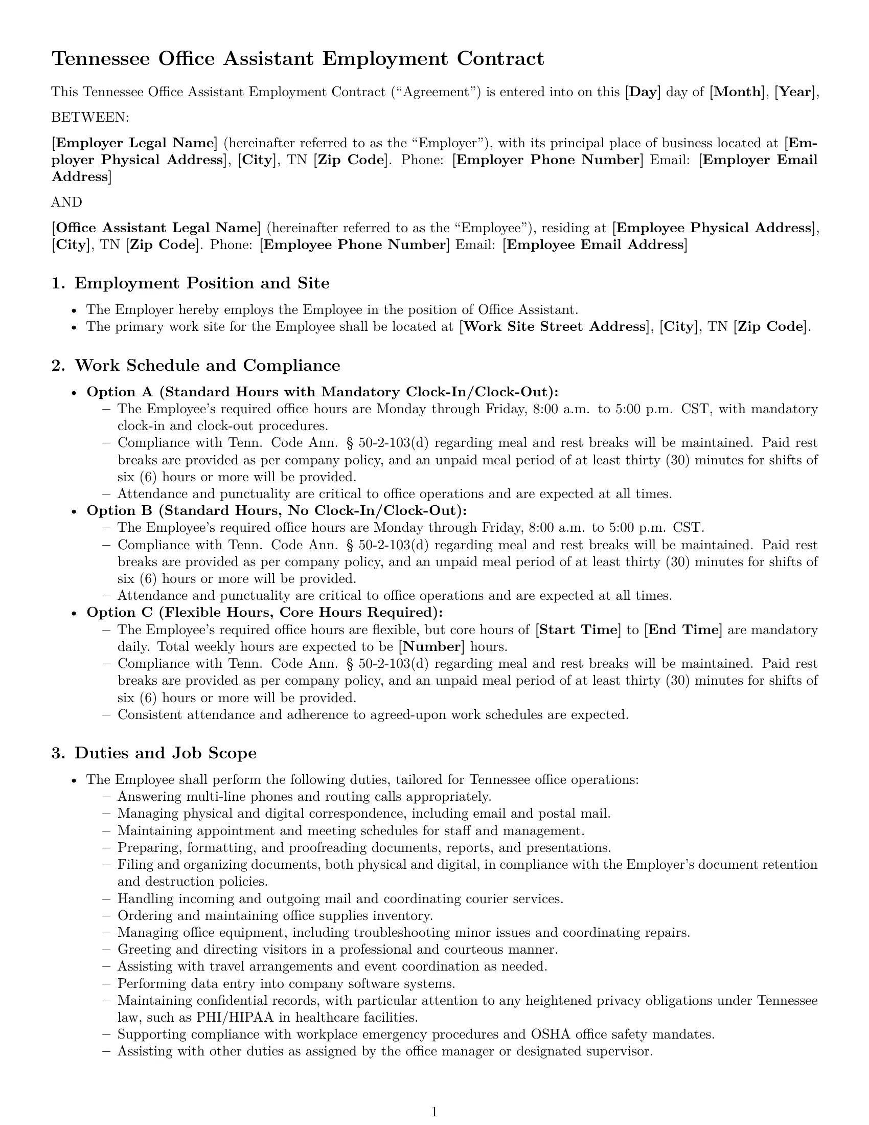 Preview page 1 of Pro Tennessee office assistant employment contract template