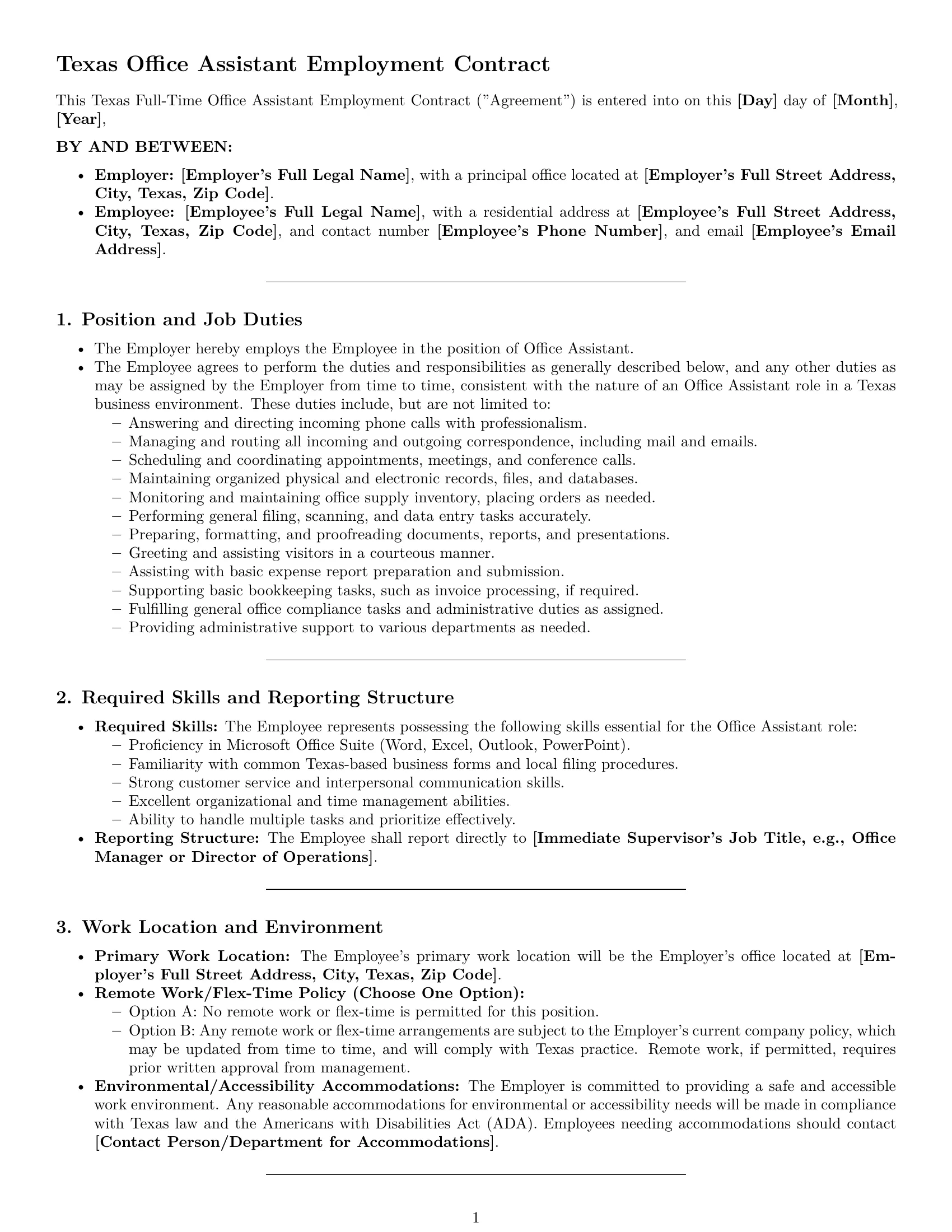 Preview page 1 of Pro Texas office assistant employment contract template