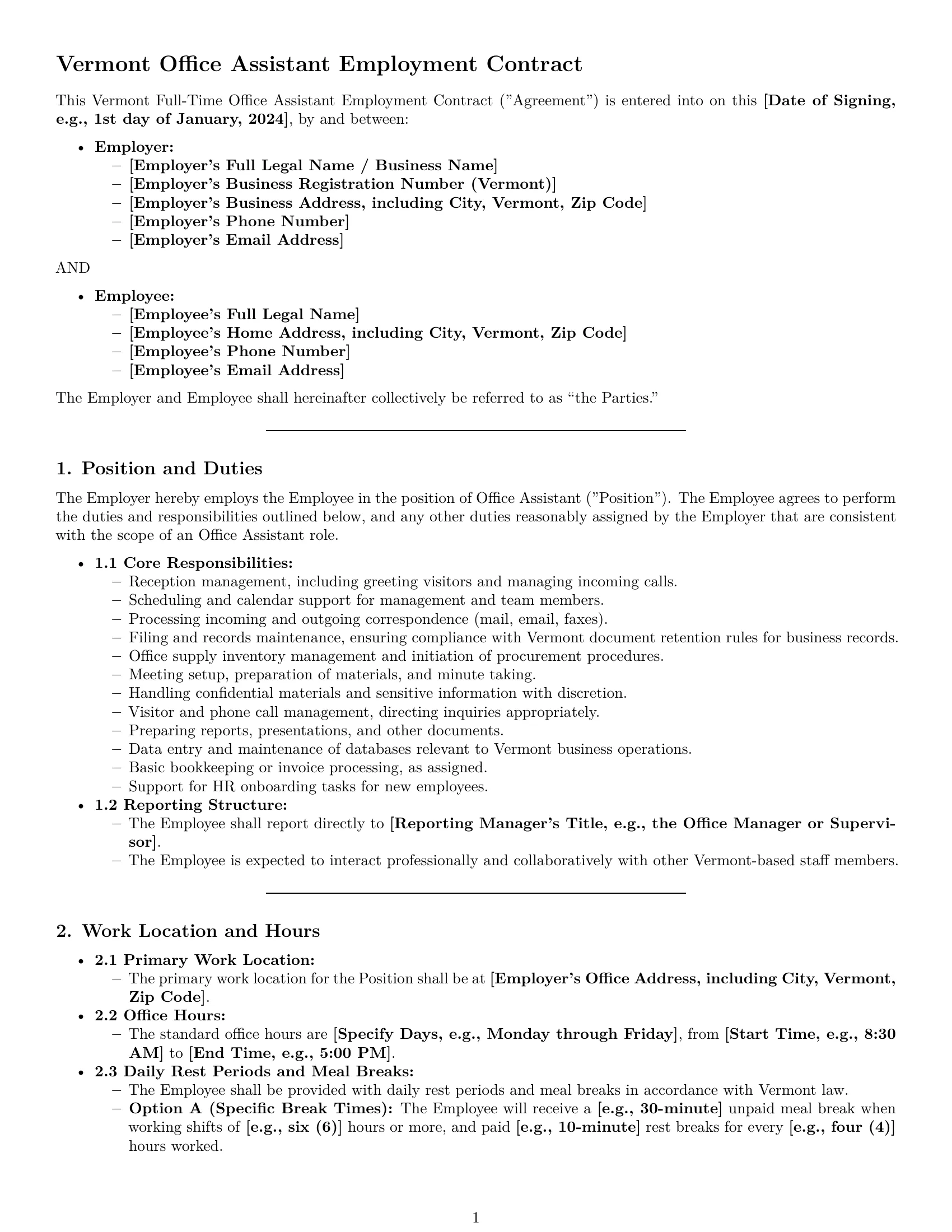 Preview page 1 of Pro Vermont office assistant employment contract template