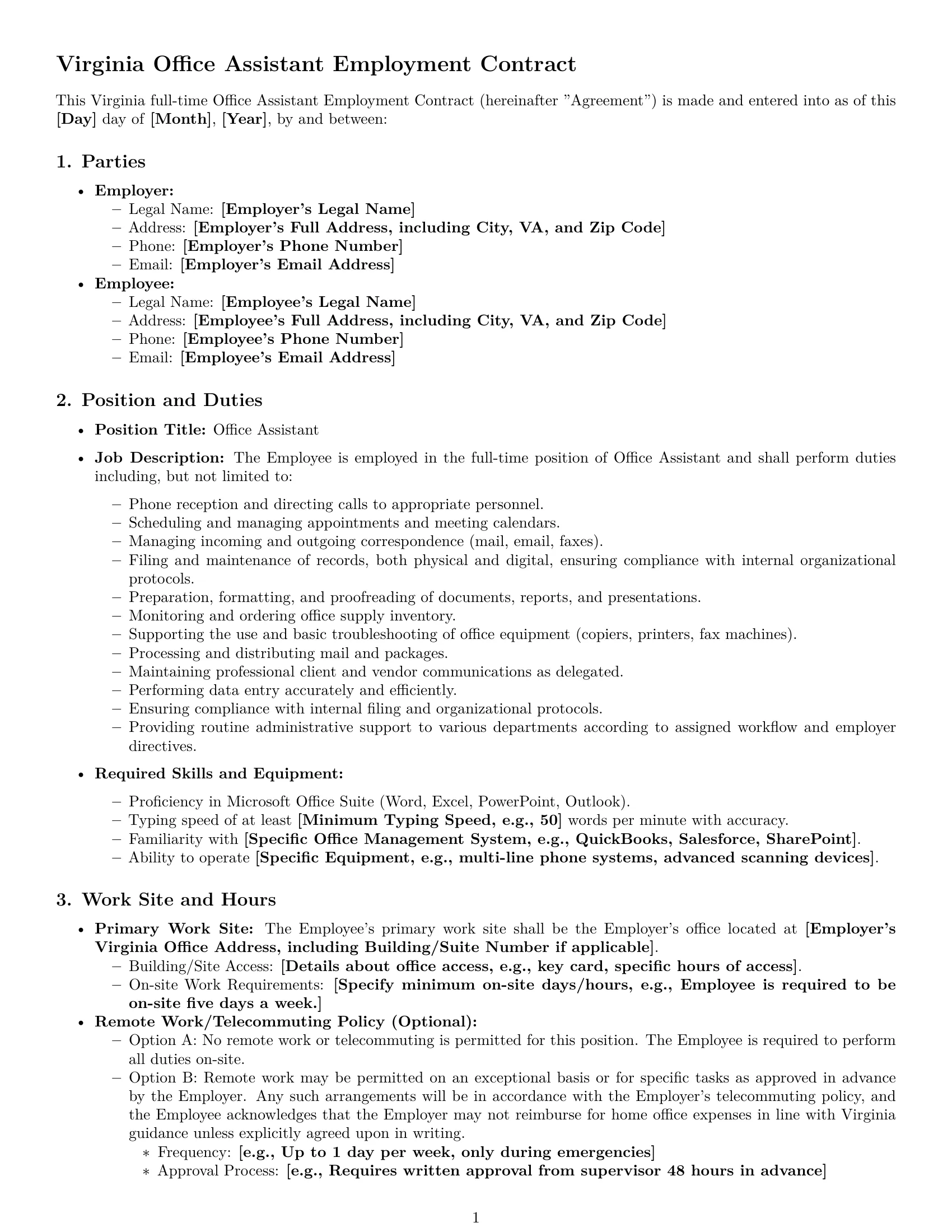 Preview page 1 of Pro Virginia office assistant employment contract template
