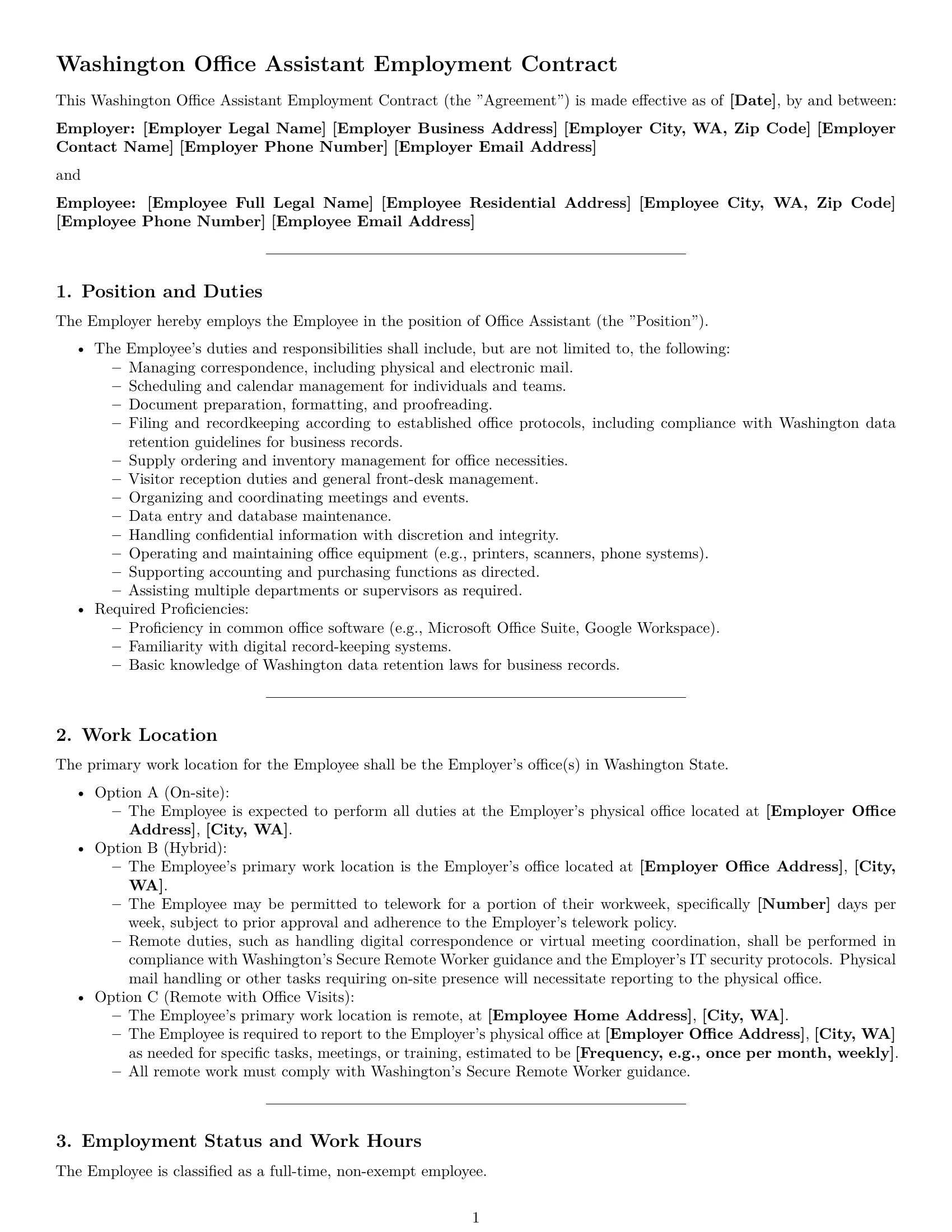 Preview page 1 of Pro Washington office assistant employment contract template