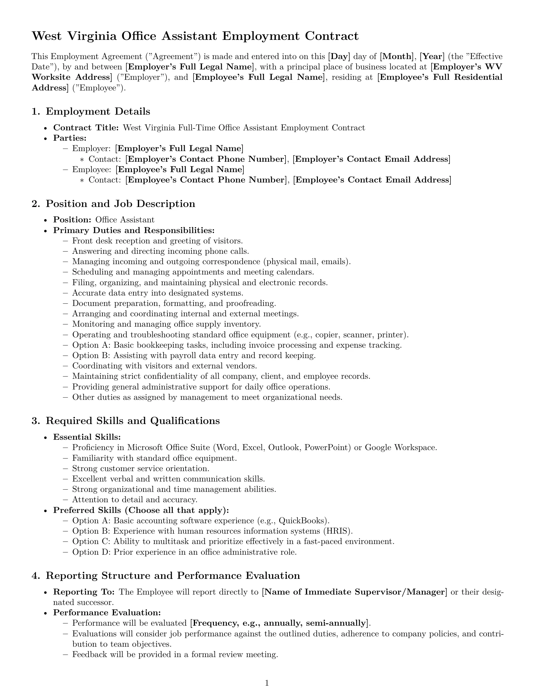 Preview page 1 of Pro West Virginia office assistant employment contract template