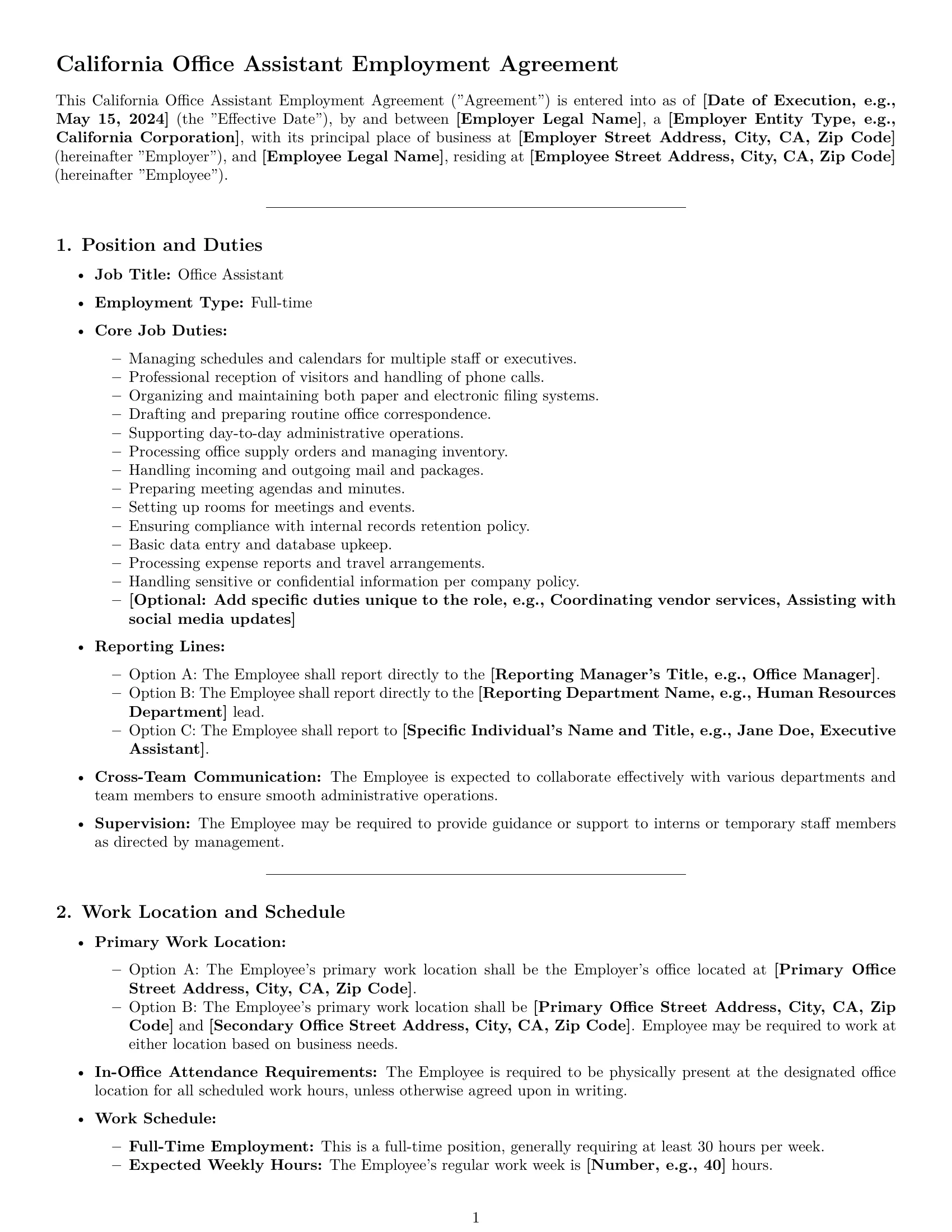 Preview page 1 of Pro California office assistant employment contract template