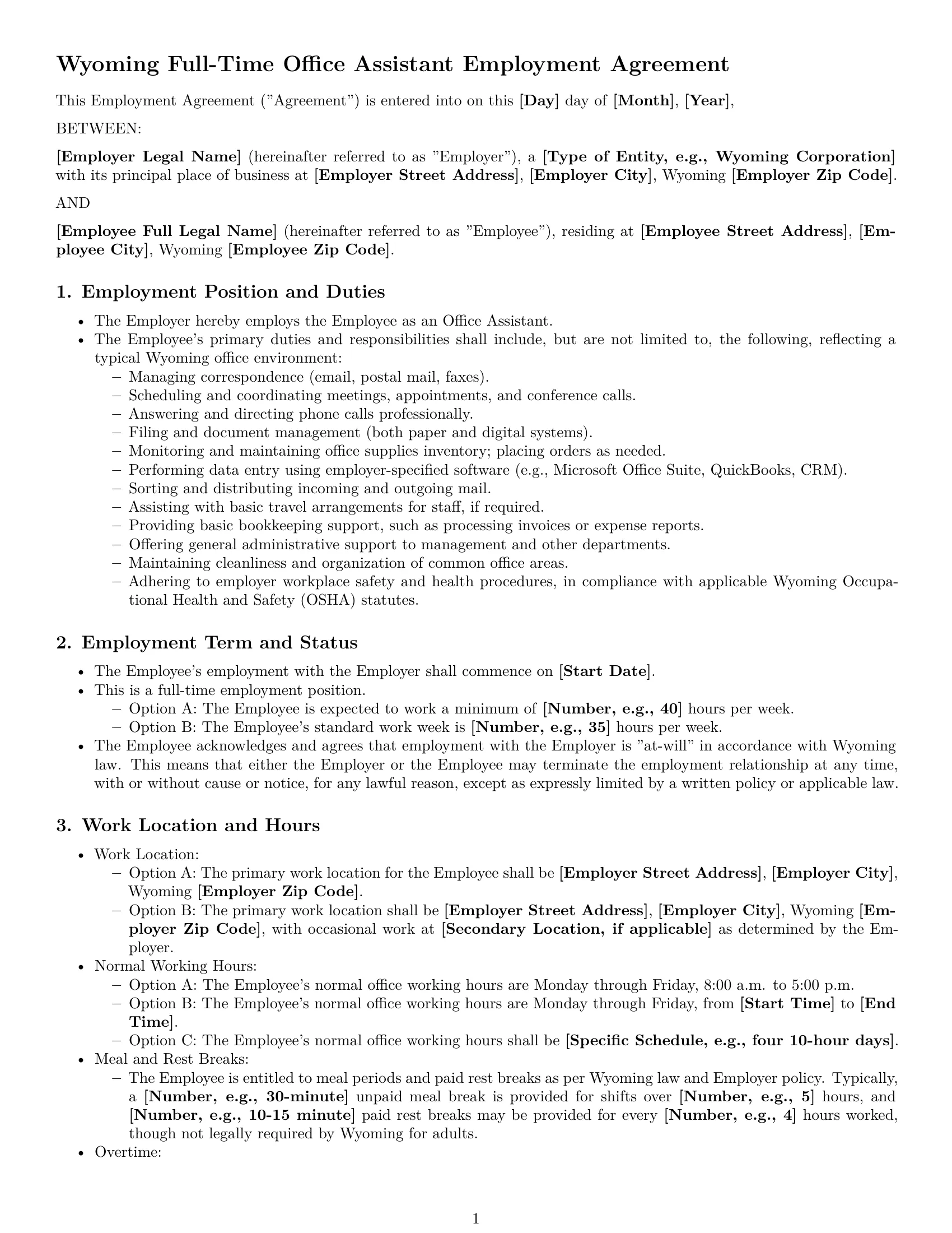 Preview page 1 of Pro Wyoming office assistant employment contract template