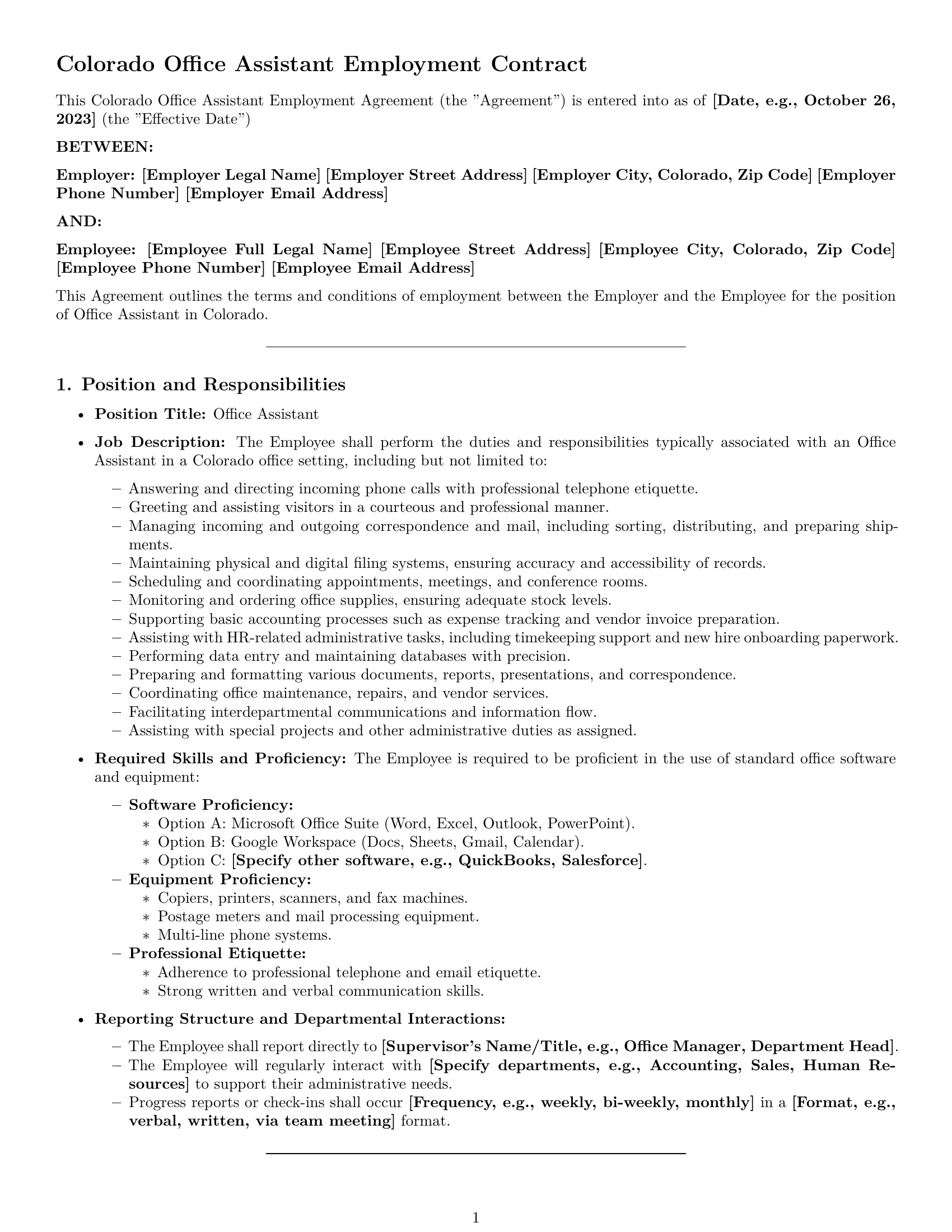 Preview page 1 of Pro Colorado office assistant employment contract template