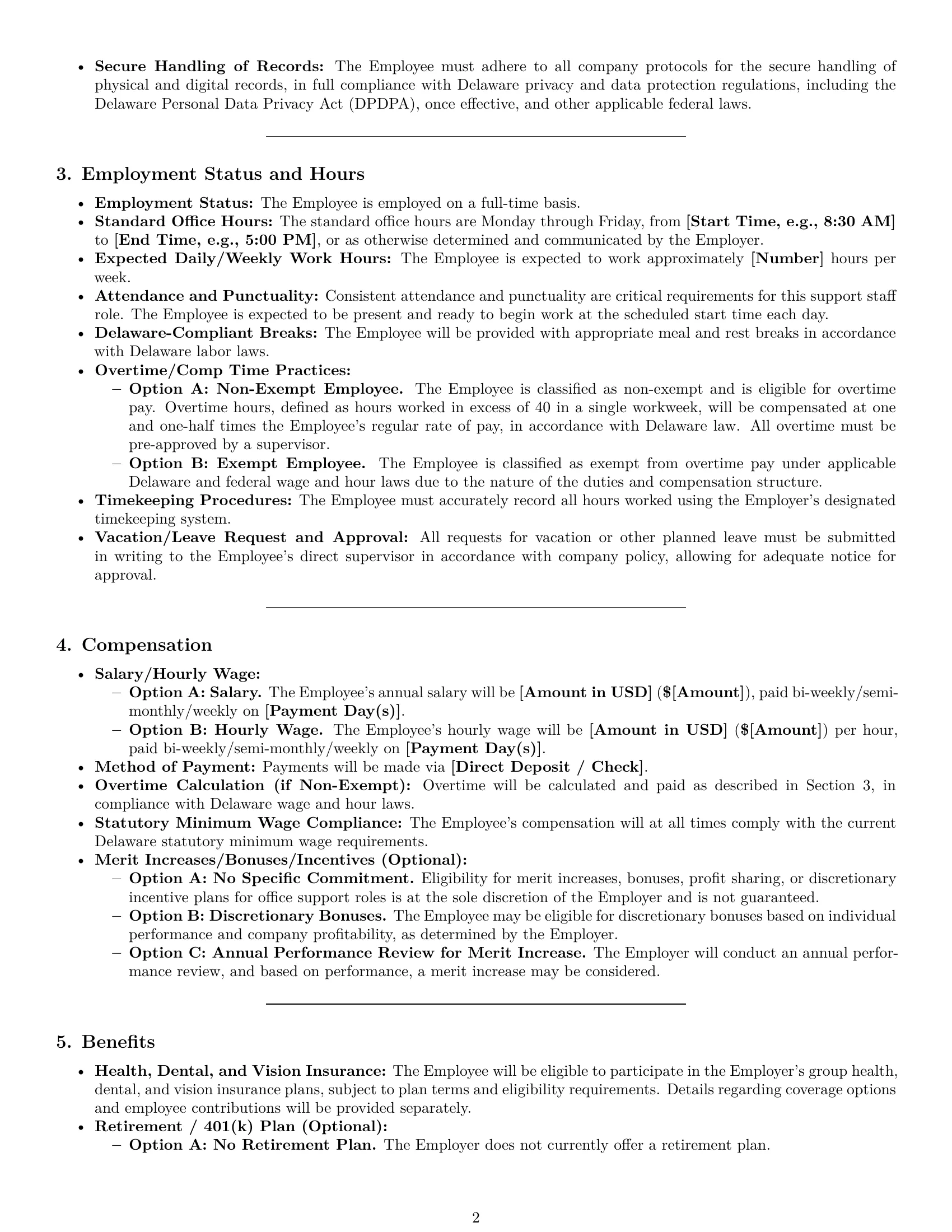 Preview page 2 of Pro Delaware office assistant employment contract template