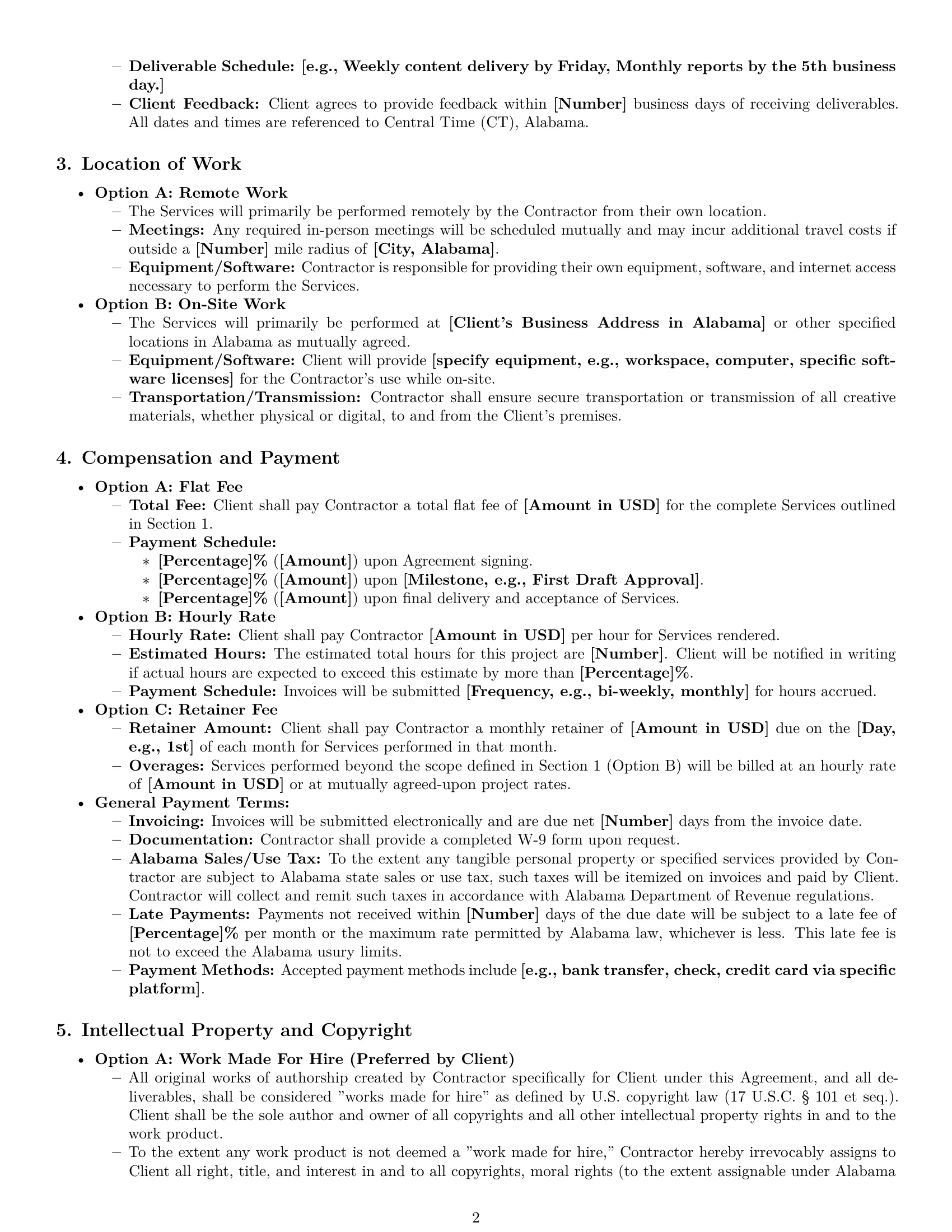 Preview page 2 of Pro Alabama creative independent contractor agreement template