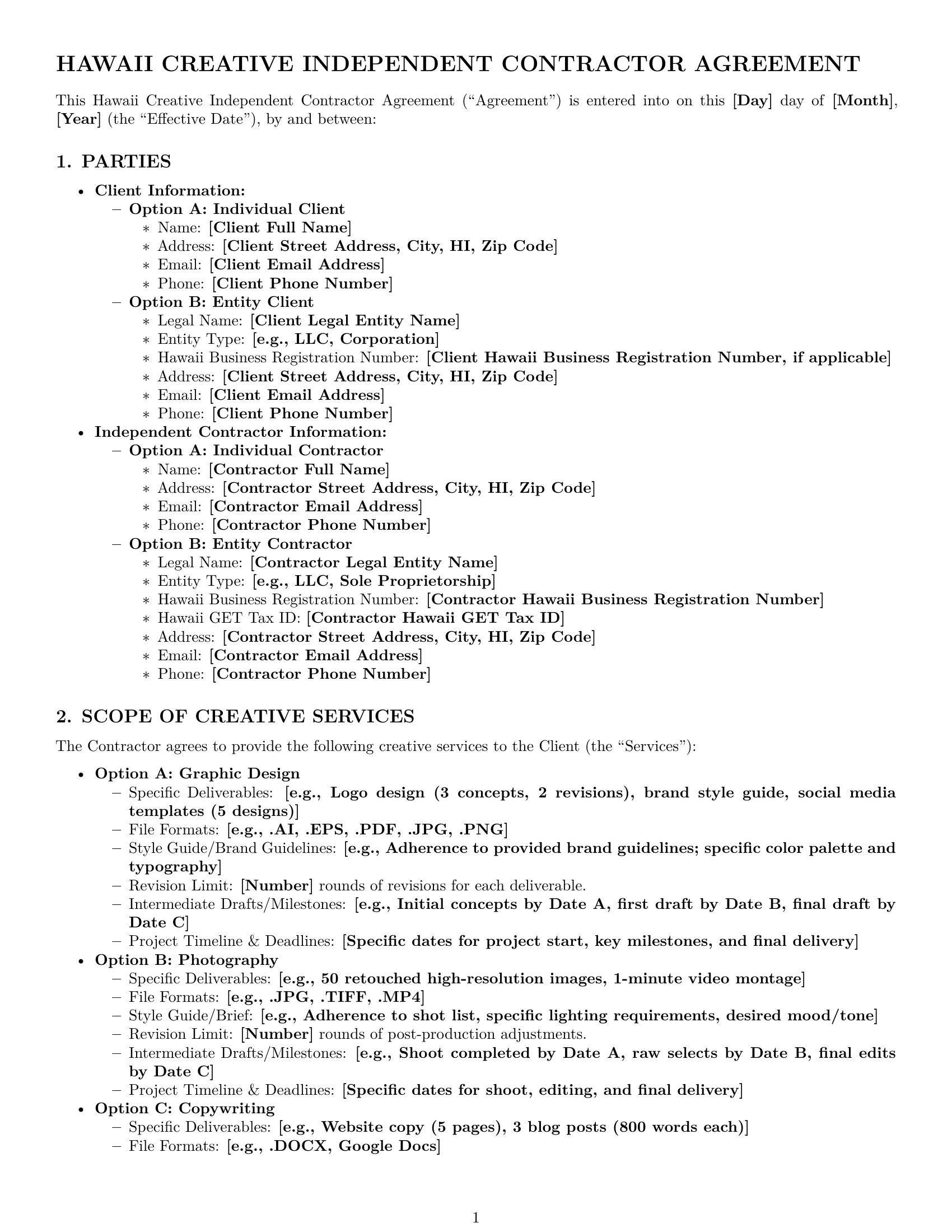 Preview page 1 of Pro Hawaii creative independent contractor agreement template