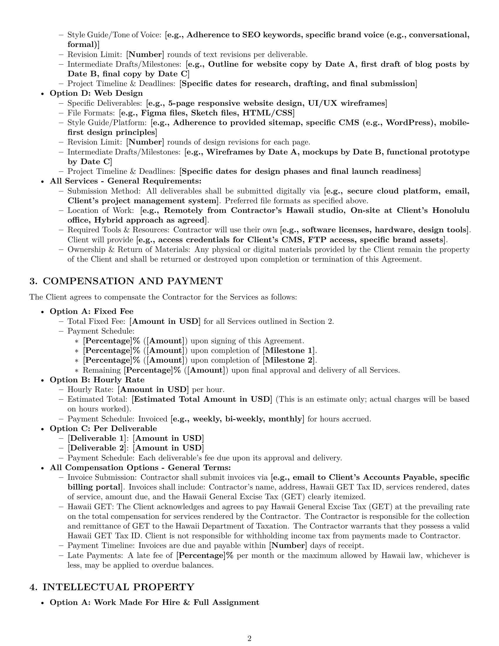 Preview page 2 of Pro Hawaii creative independent contractor agreement template
