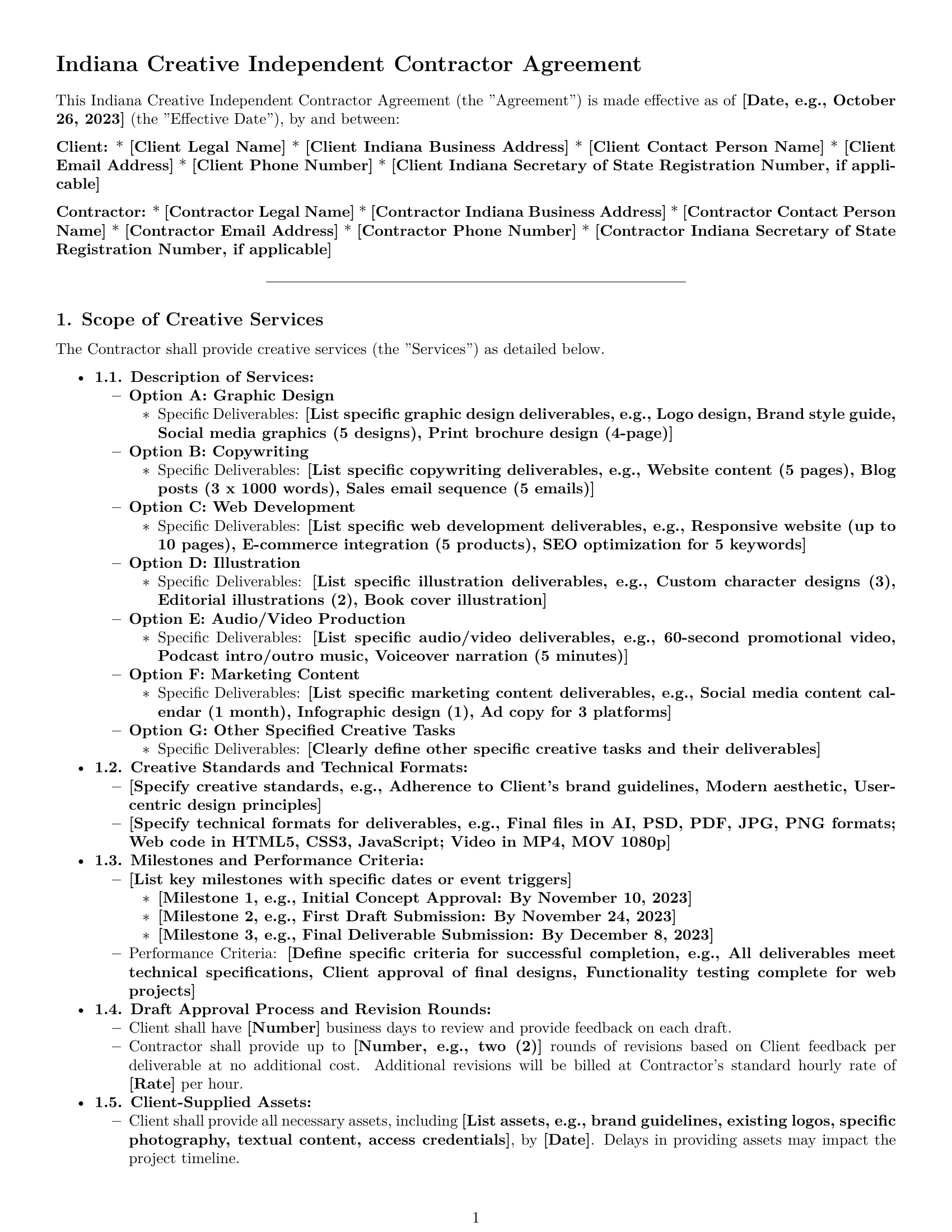 Preview page 1 of Pro Indiana creative independent contractor agreement template