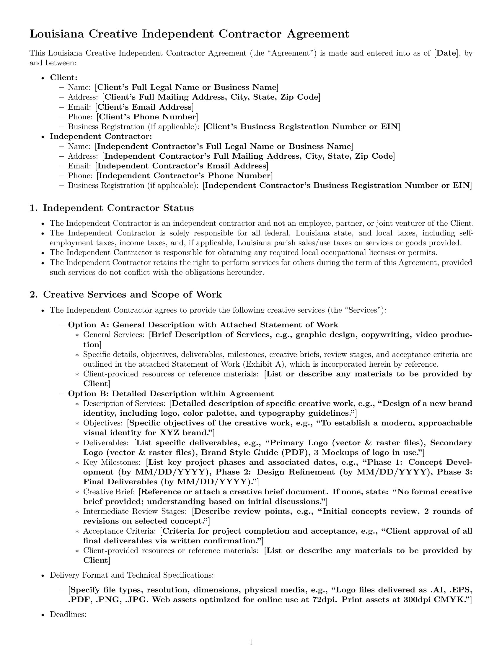 Preview page 1 of Pro Louisiana creative independent contractor agreement template