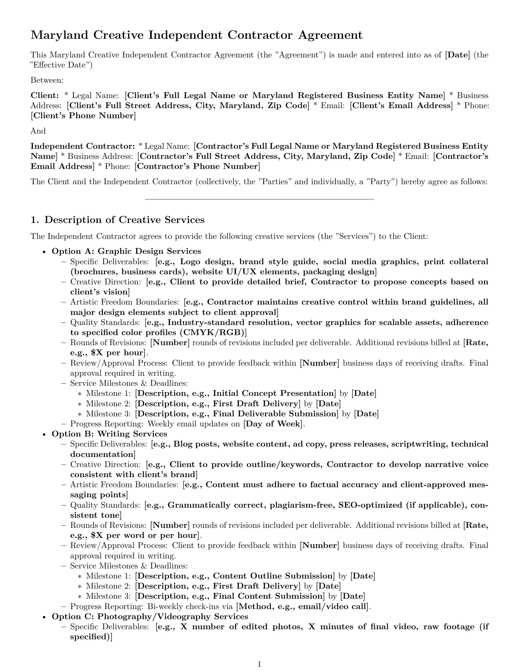 Preview page 1 of Pro Maryland creative independent contractor agreement template
