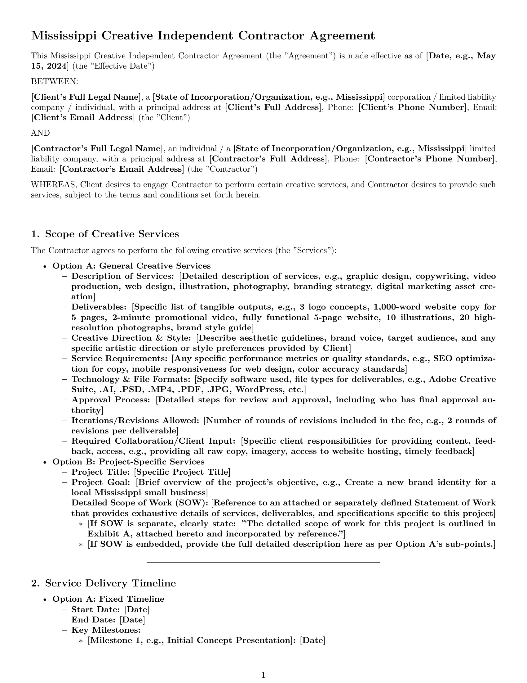 Preview page 1 of Pro Mississippi creative independent contractor agreement template