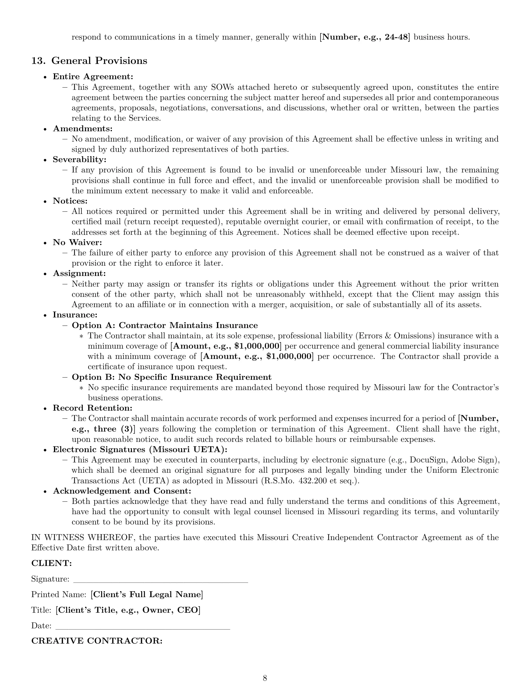 Preview page 8 of Pro Missouri creative independent contractor agreement template