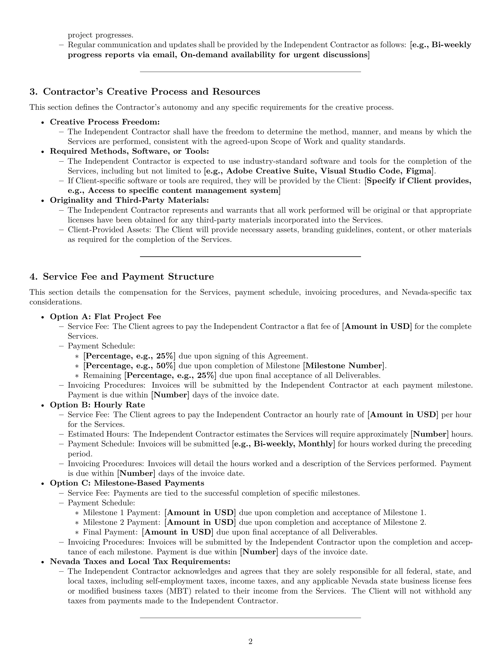 Preview page 2 of Pro Nevada creative independent contractor agreement template