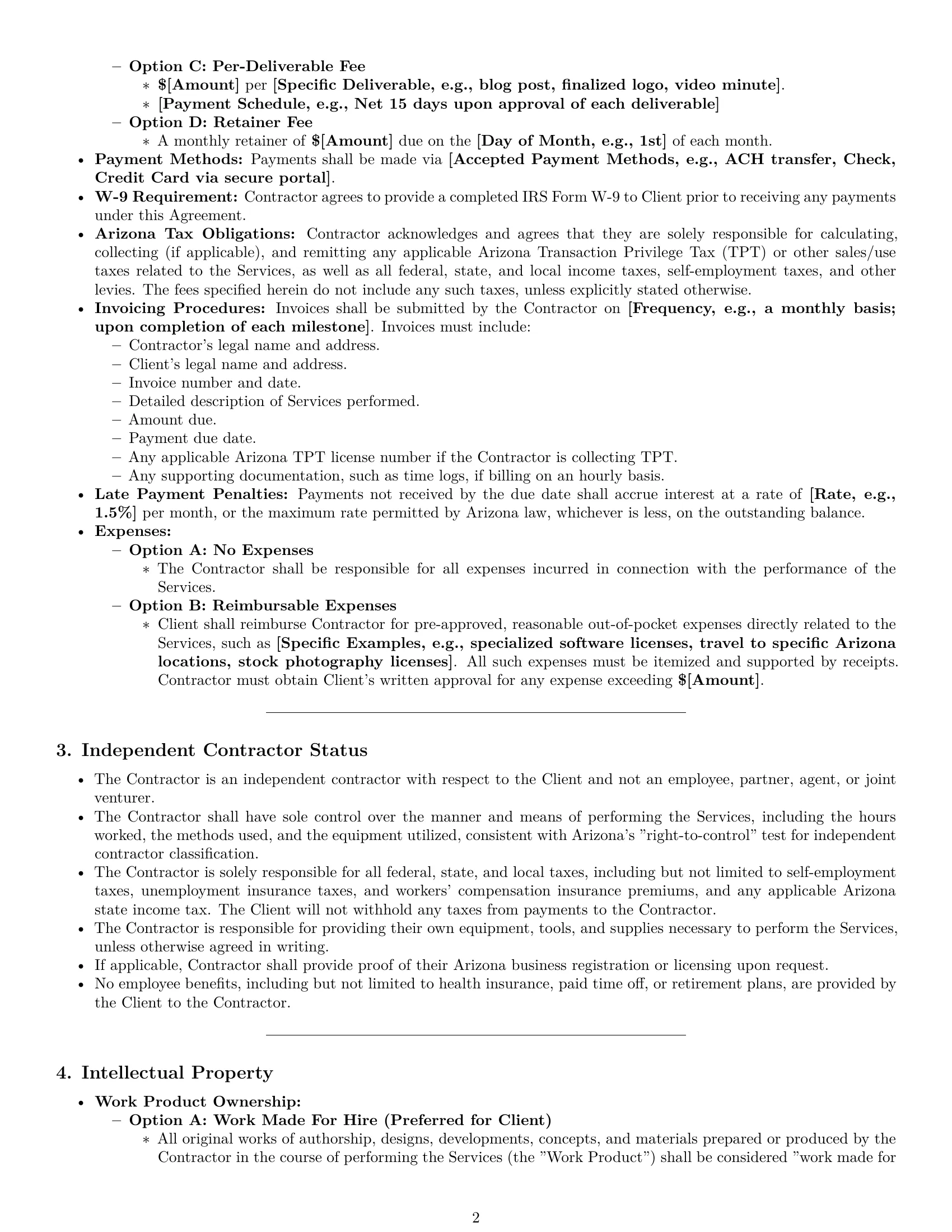 Preview page 2 of Pro Arizona creative independent contractor agreement template