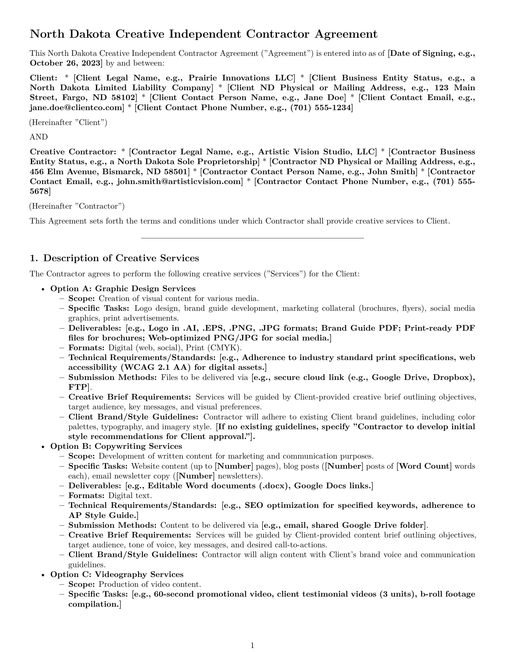 Preview page 1 of Pro North Dakota creative independent contractor agreement template