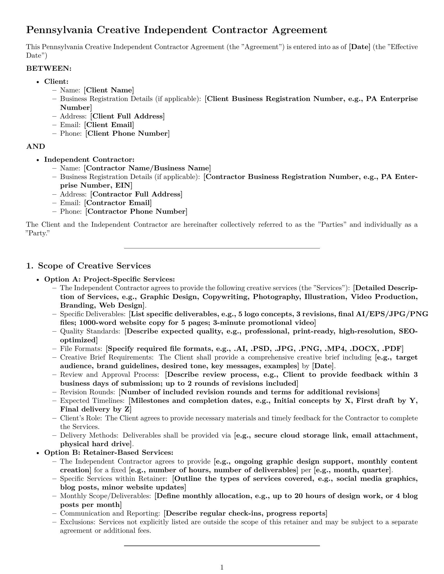 Preview page 1 of Pro Pennsylvania creative independent contractor agreement template