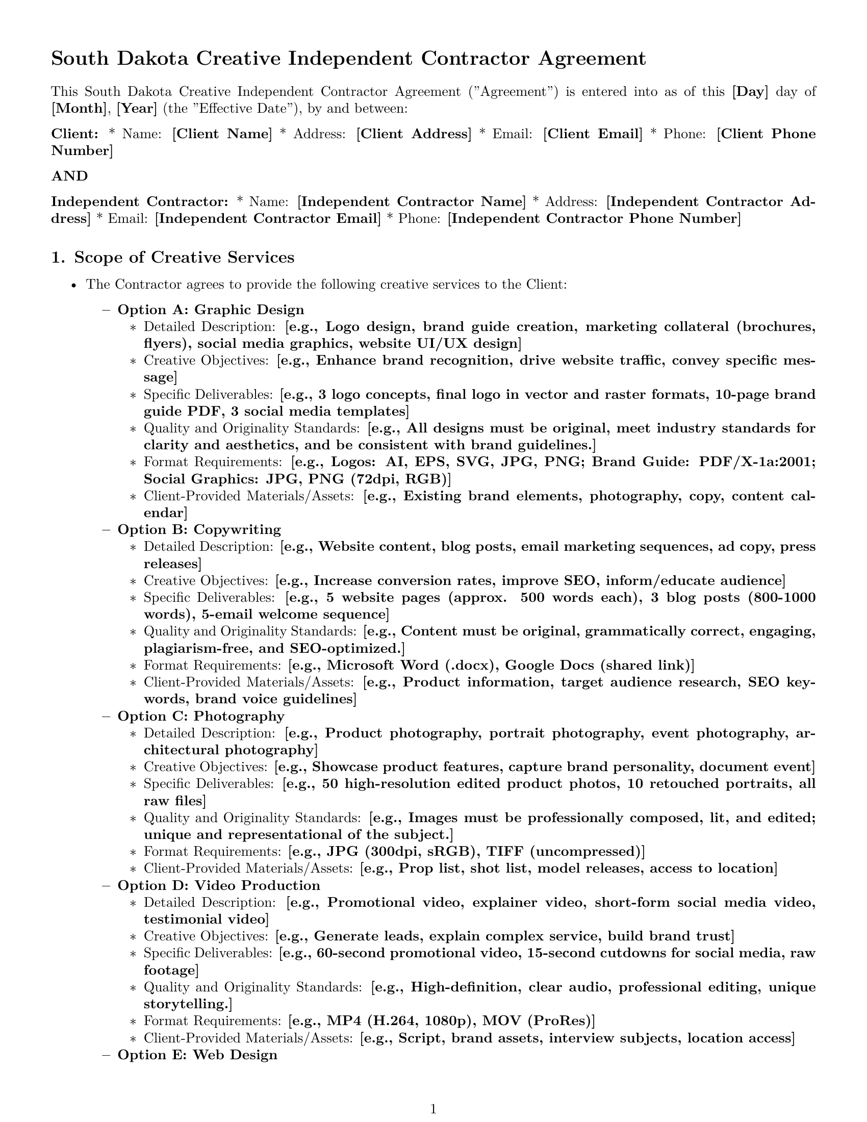 Preview page 1 of Pro South Dakota creative independent contractor agreement template