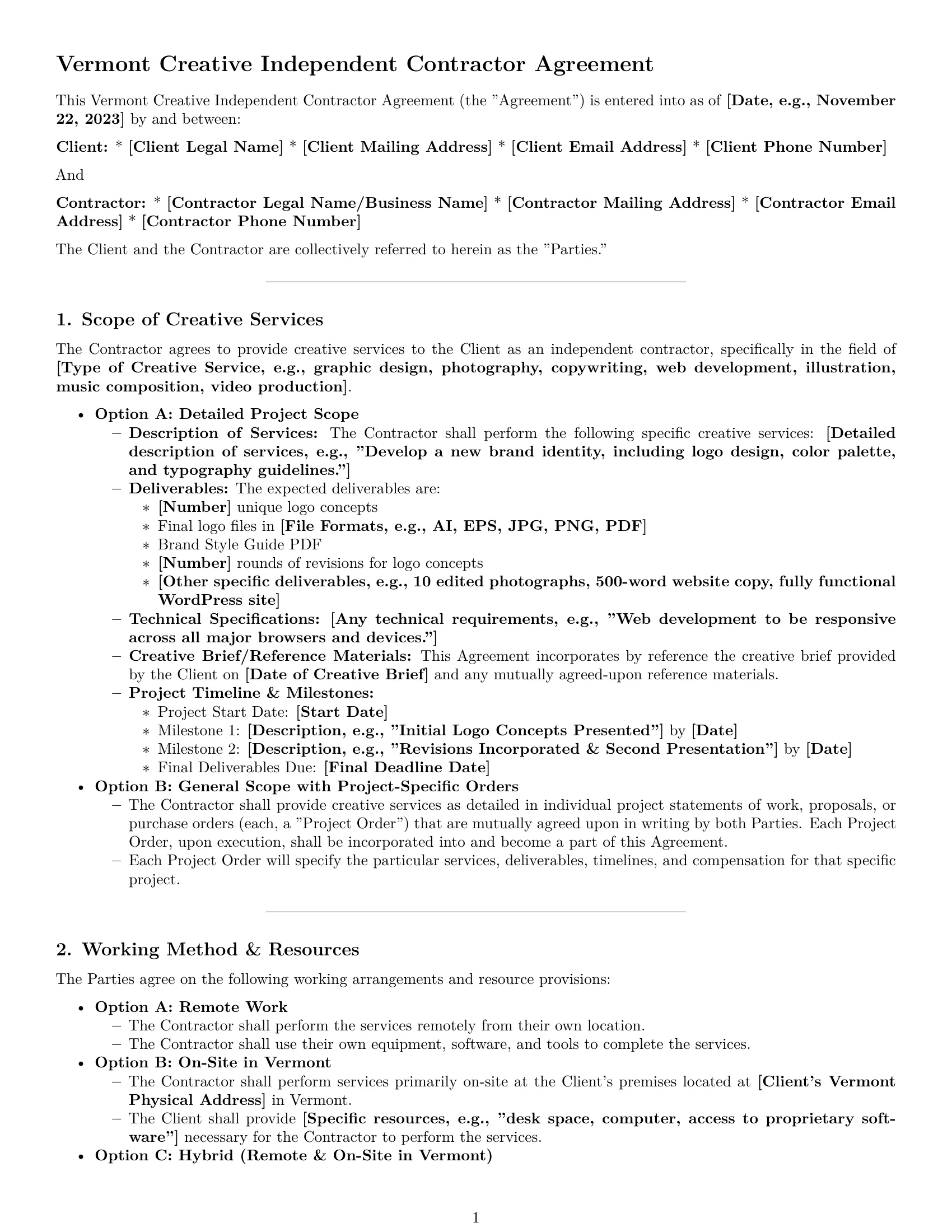 Preview page 1 of Pro Vermont creative independent contractor agreement template