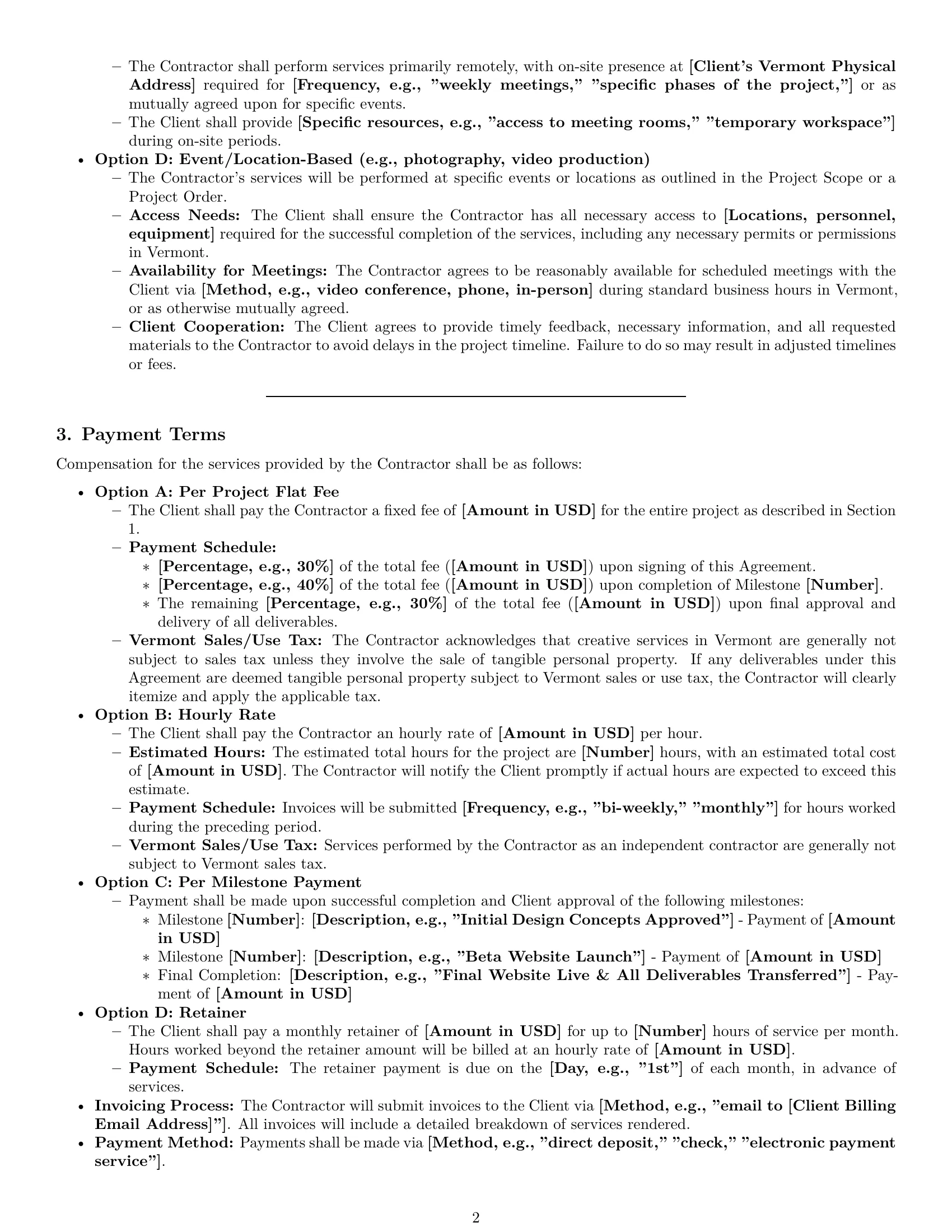 Preview page 2 of Pro Vermont creative independent contractor agreement template