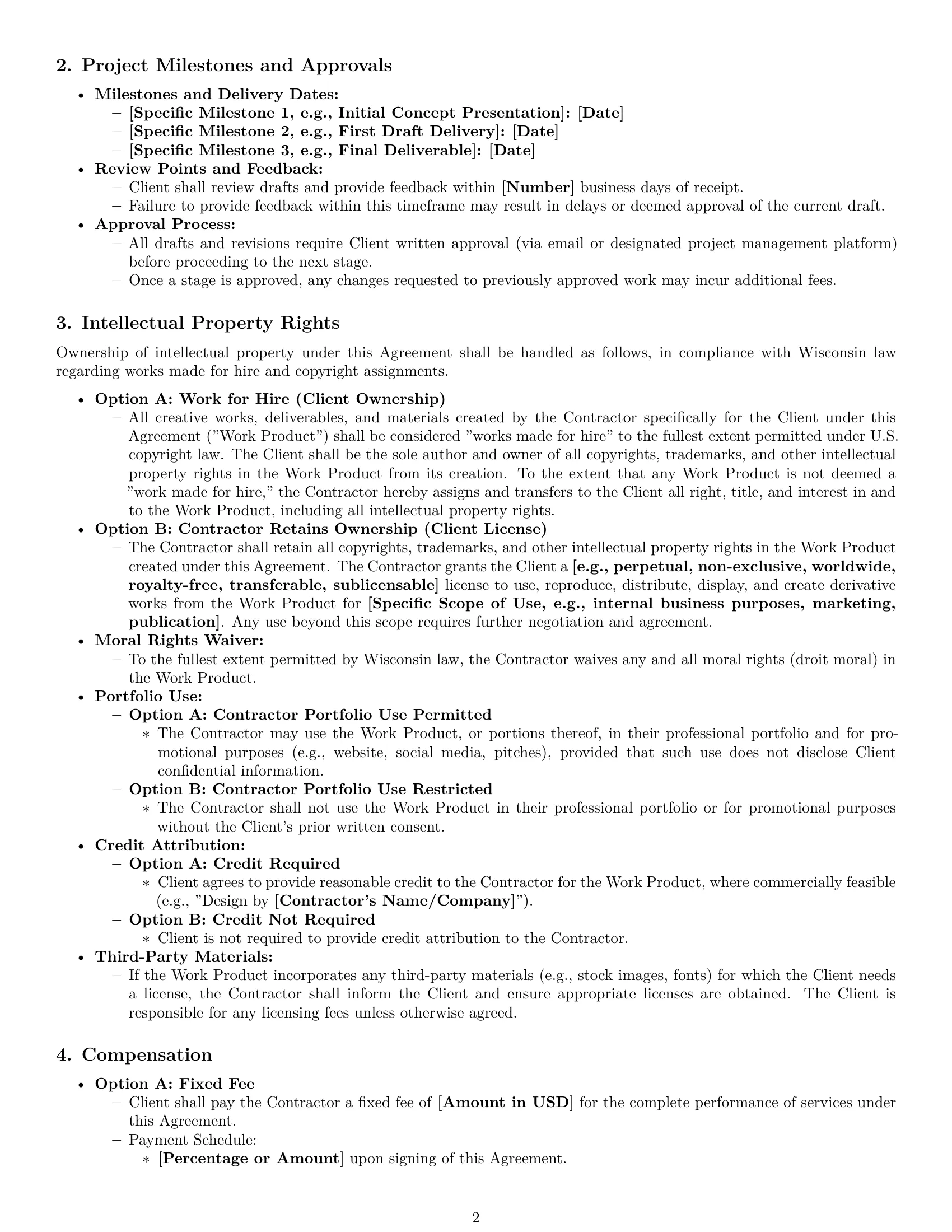 Preview page 2 of Pro Wisconsin creative independent contractor agreement template