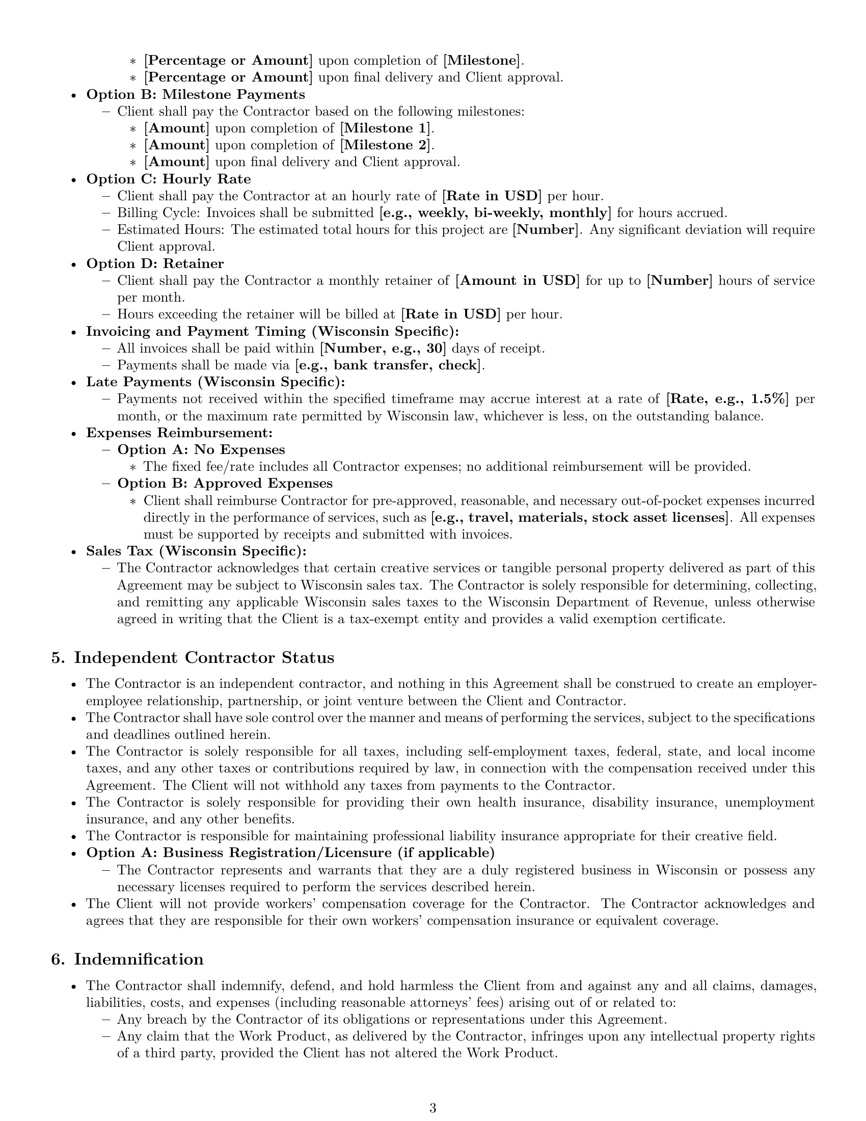 Preview page 3 of Pro Wisconsin creative independent contractor agreement template