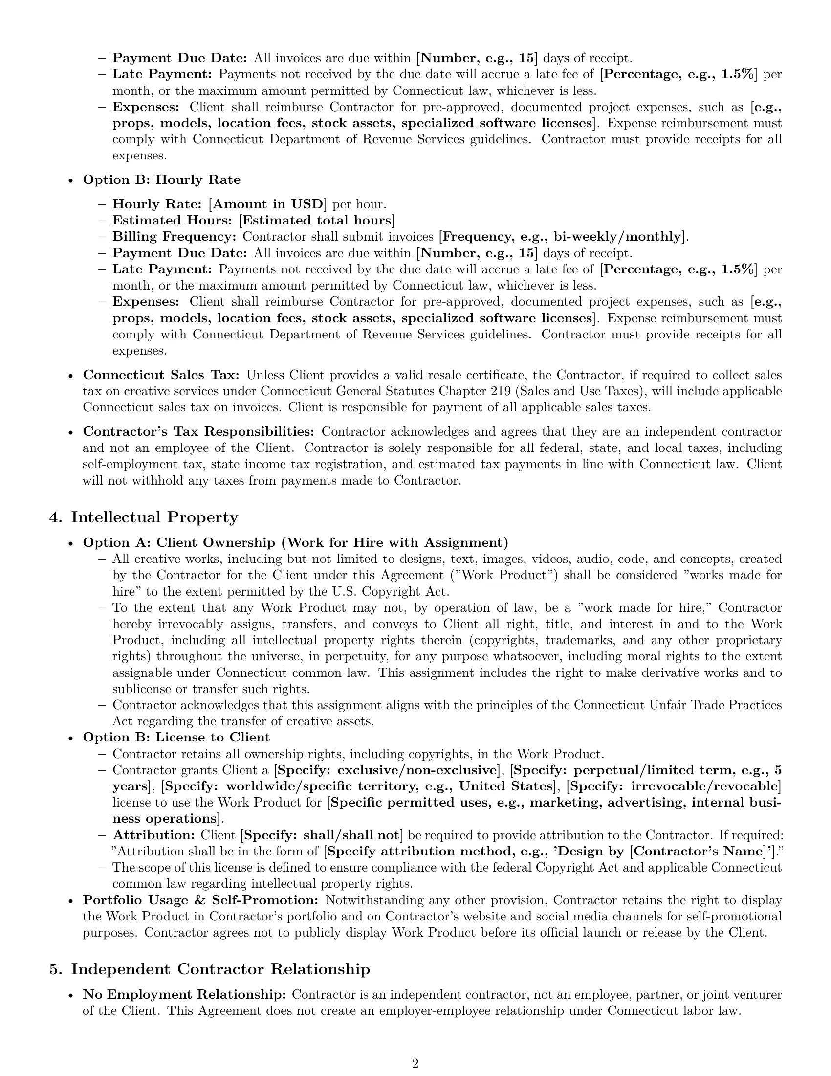 Preview page 2 of Pro Connecticut creative independent contractor agreement template