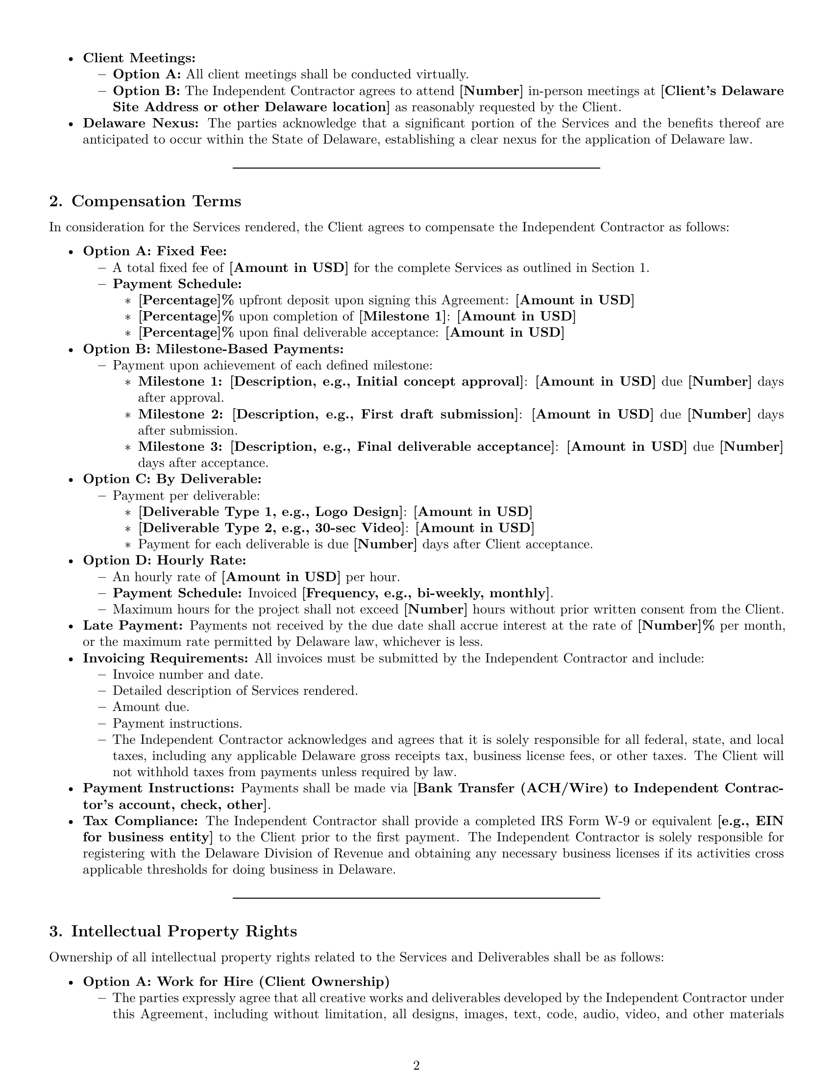 Preview page 2 of Pro Delaware creative independent contractor agreement template