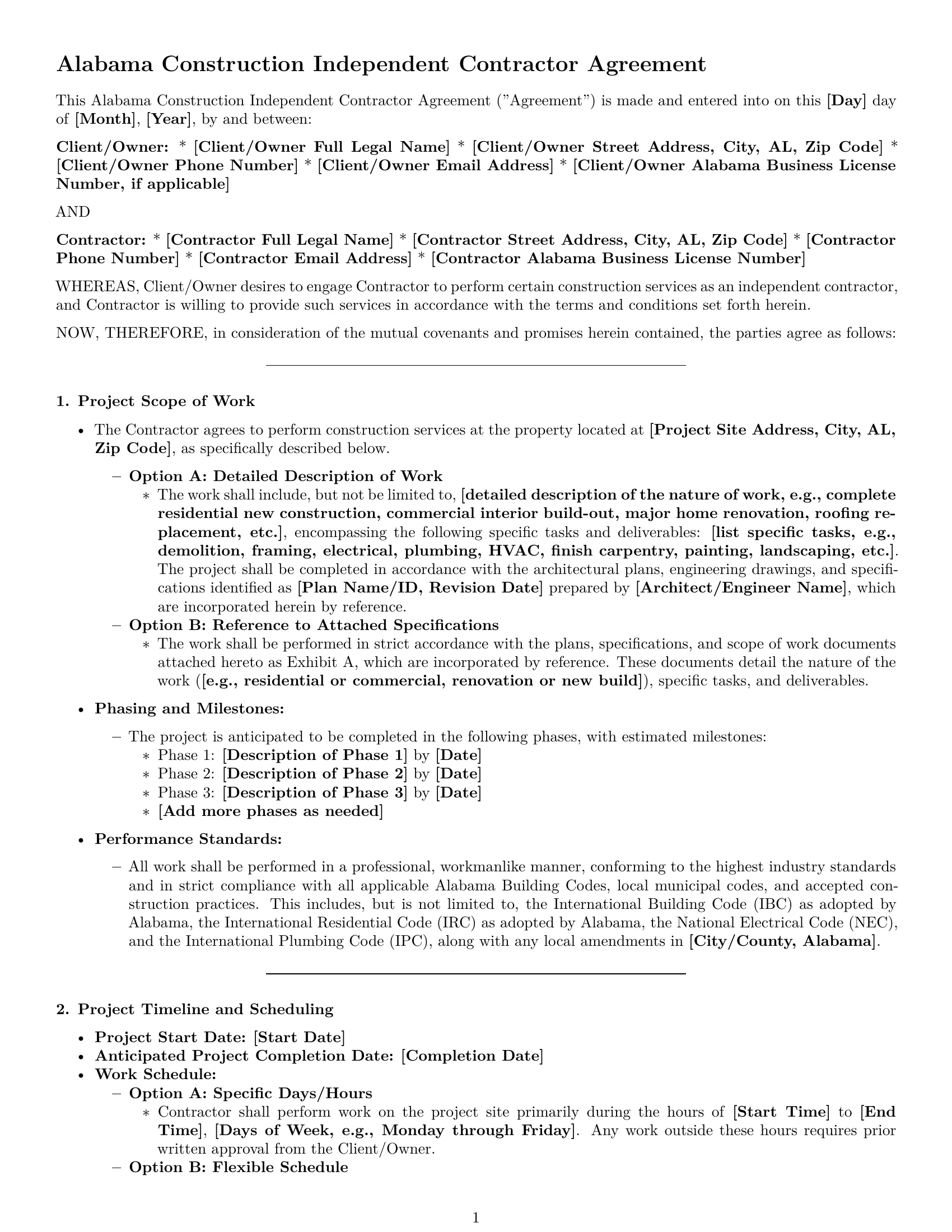 Preview page 1 of Pro Alabama construction independent contractor agreement template