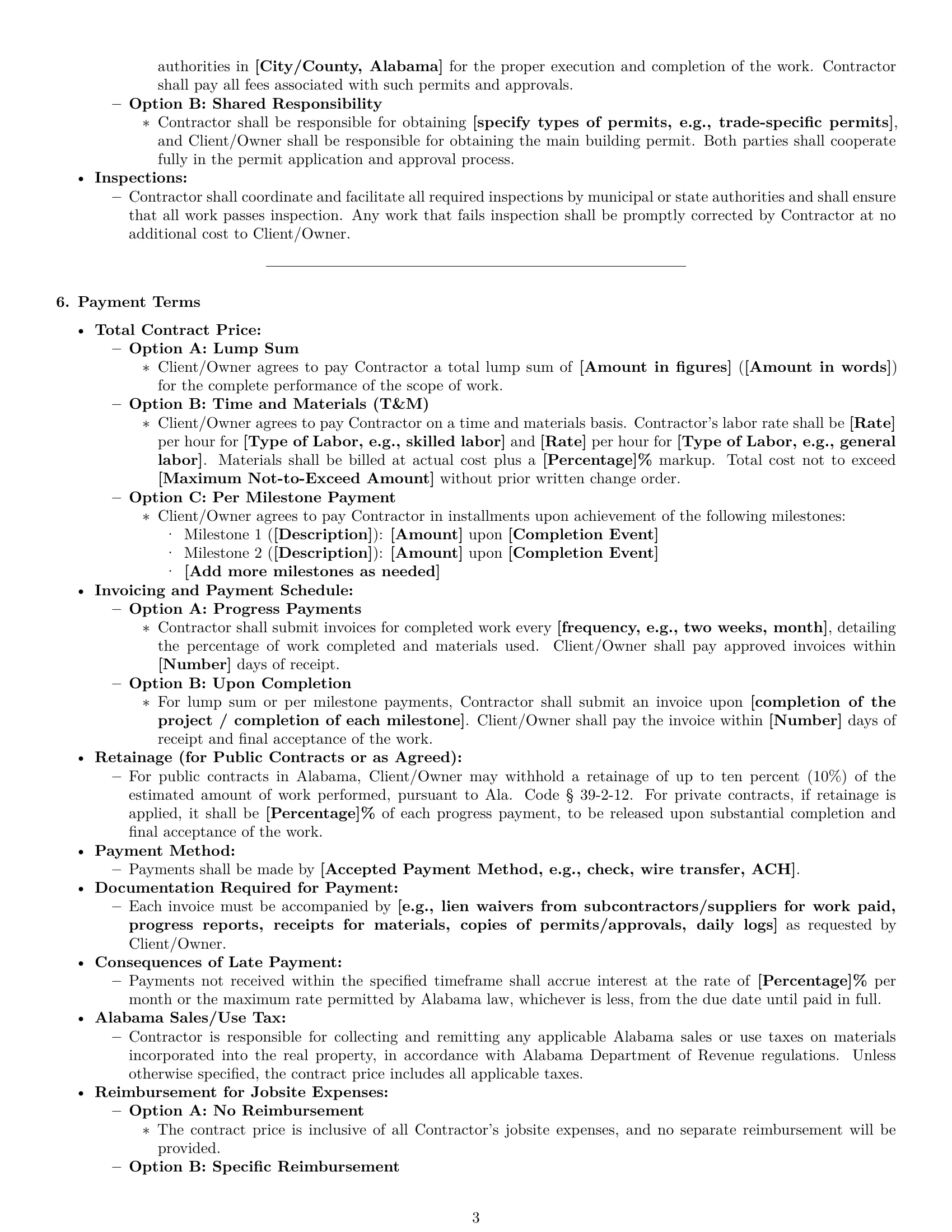 Preview page 3 of Pro Alabama construction independent contractor agreement template