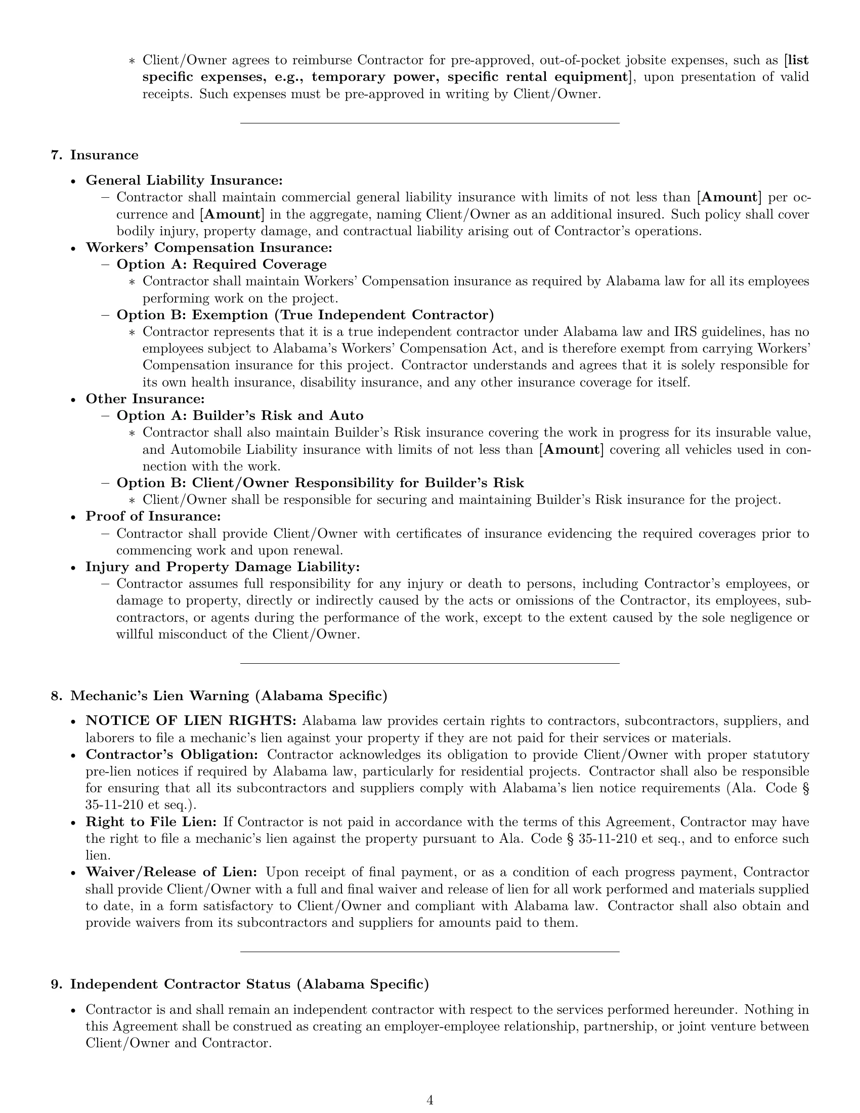 Preview page 4 of Pro Alabama construction independent contractor agreement template