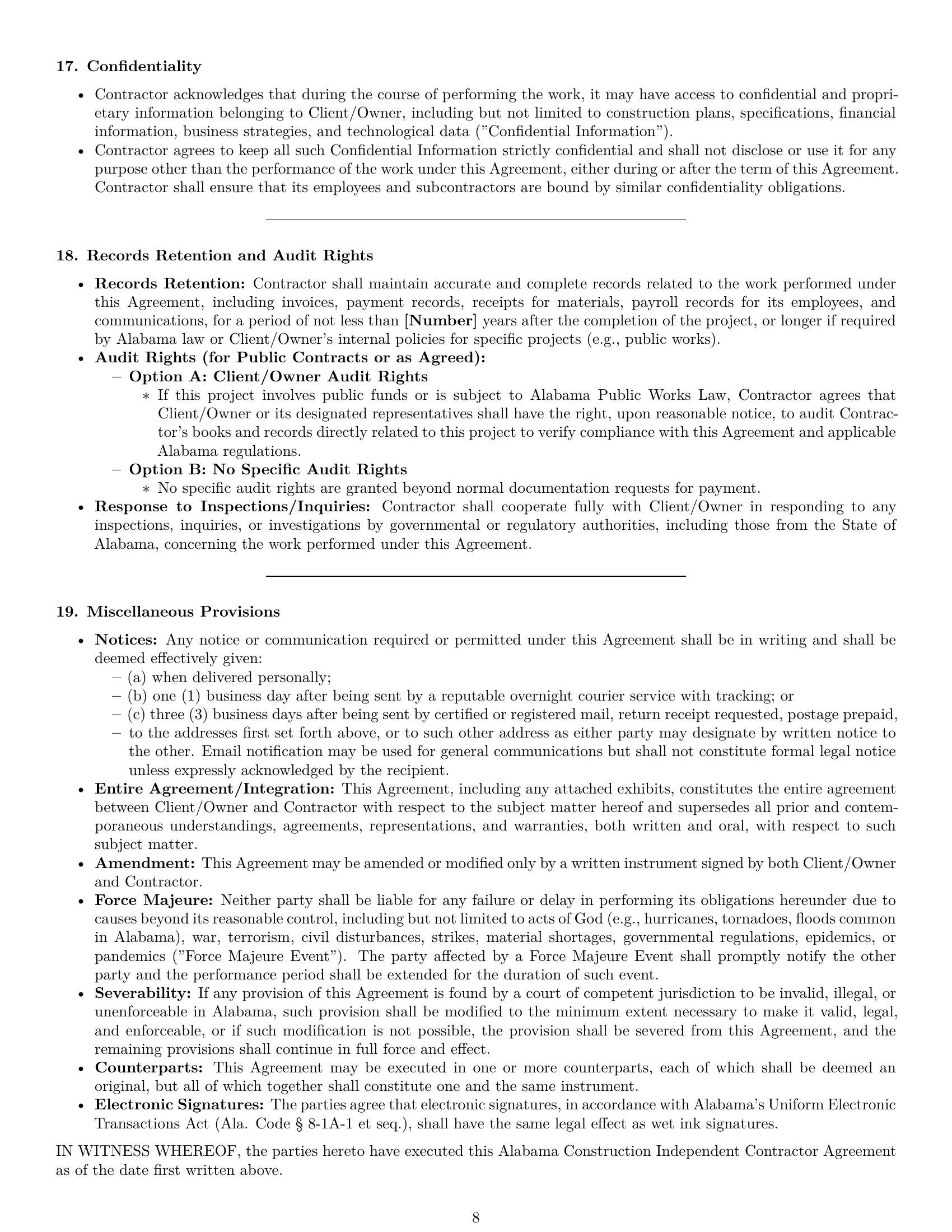 Preview page 8 of Pro Alabama construction independent contractor agreement template