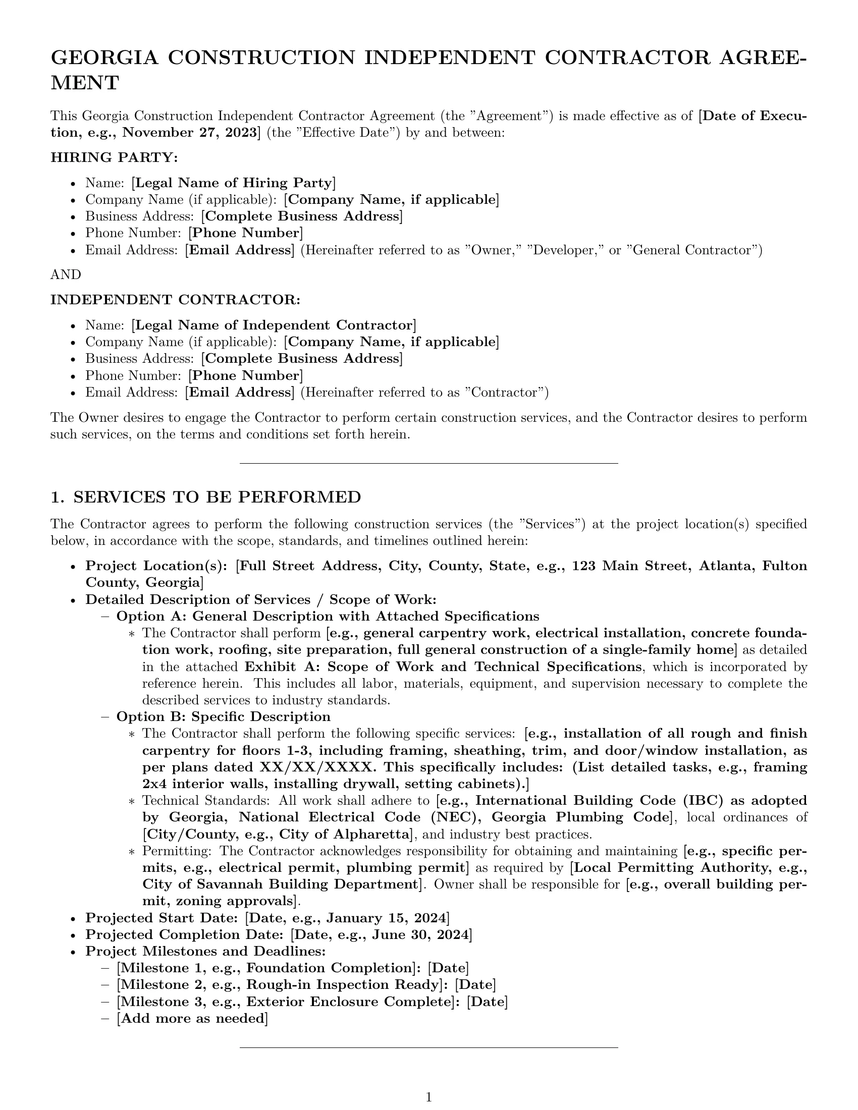 Preview page 1 of Pro Georgia construction independent contractor agreement template