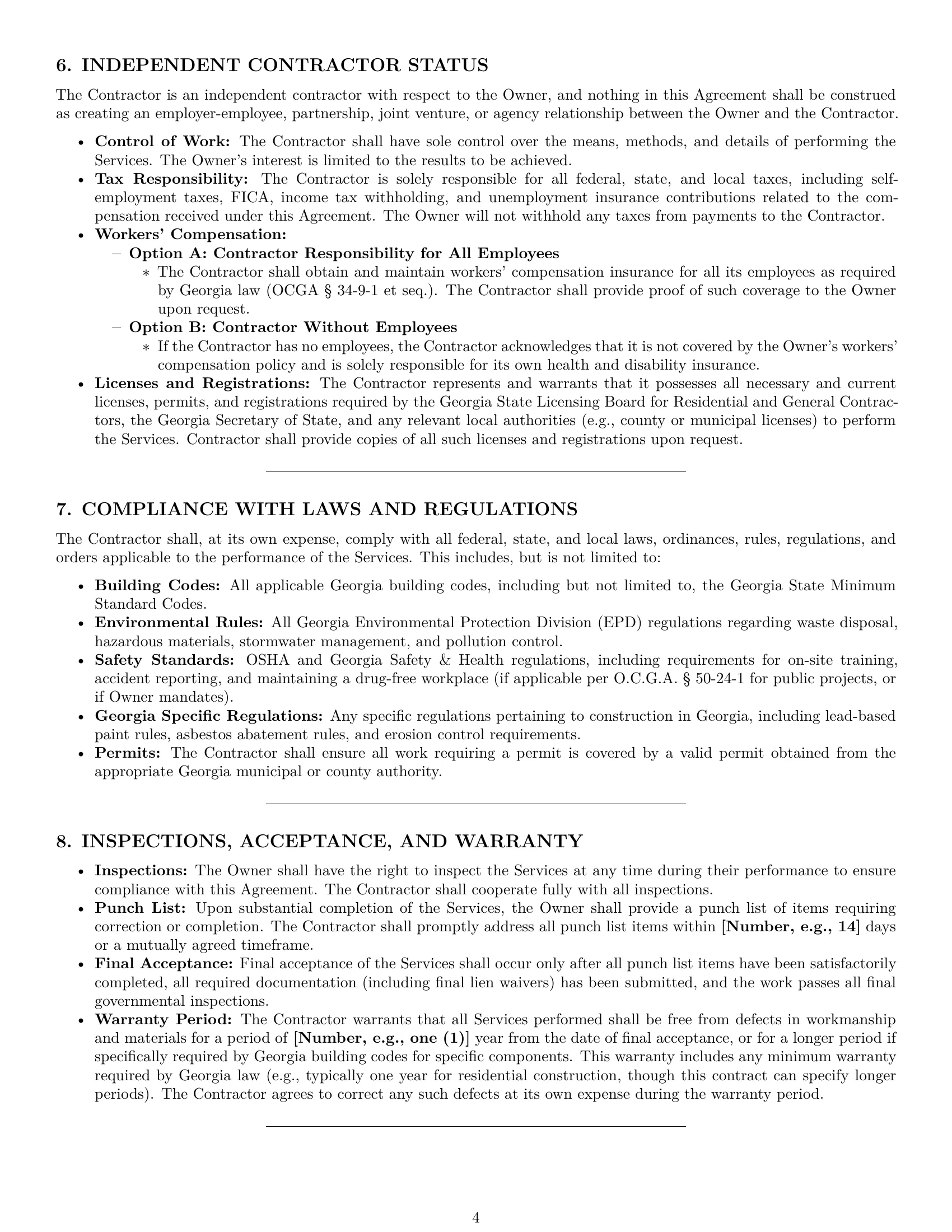 Preview page 4 of Pro Georgia construction independent contractor agreement template