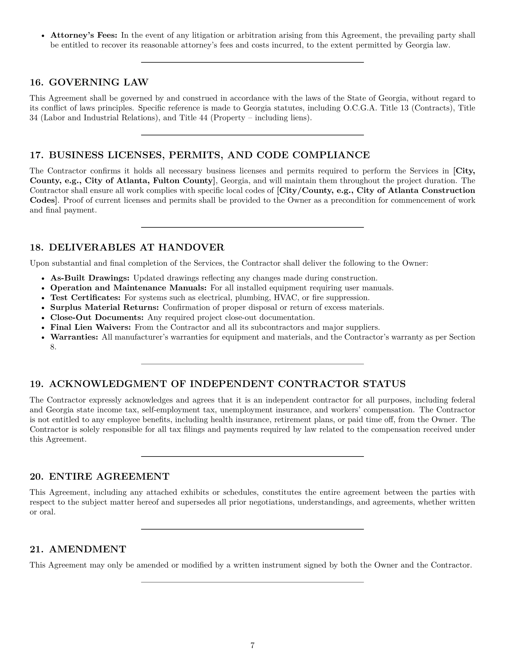 Preview page 7 of Pro Georgia construction independent contractor agreement template