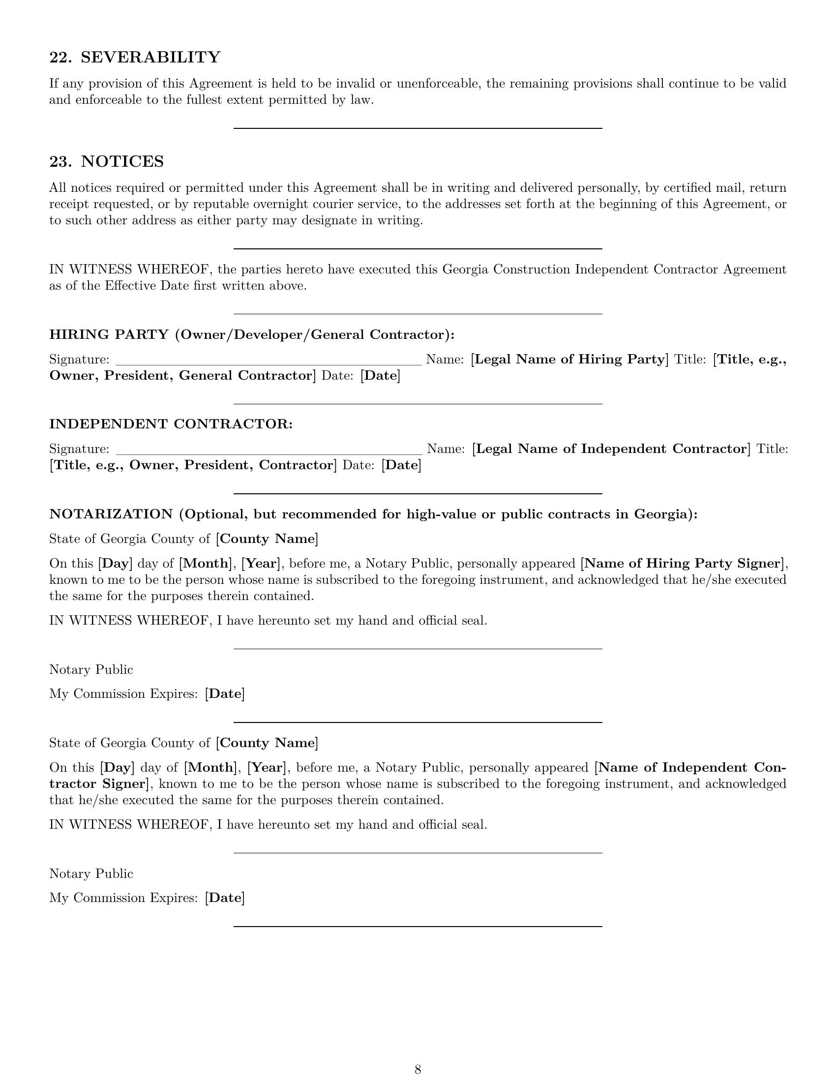 Preview page 8 of Pro Georgia construction independent contractor agreement template