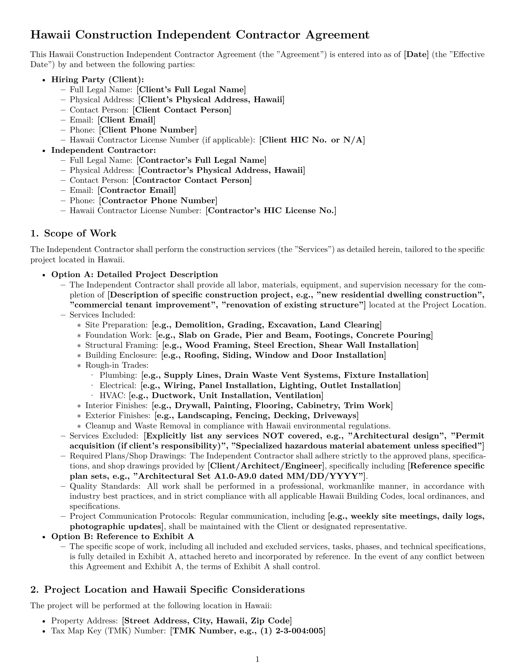 Preview page 1 of Pro Hawaii construction independent contractor agreement template