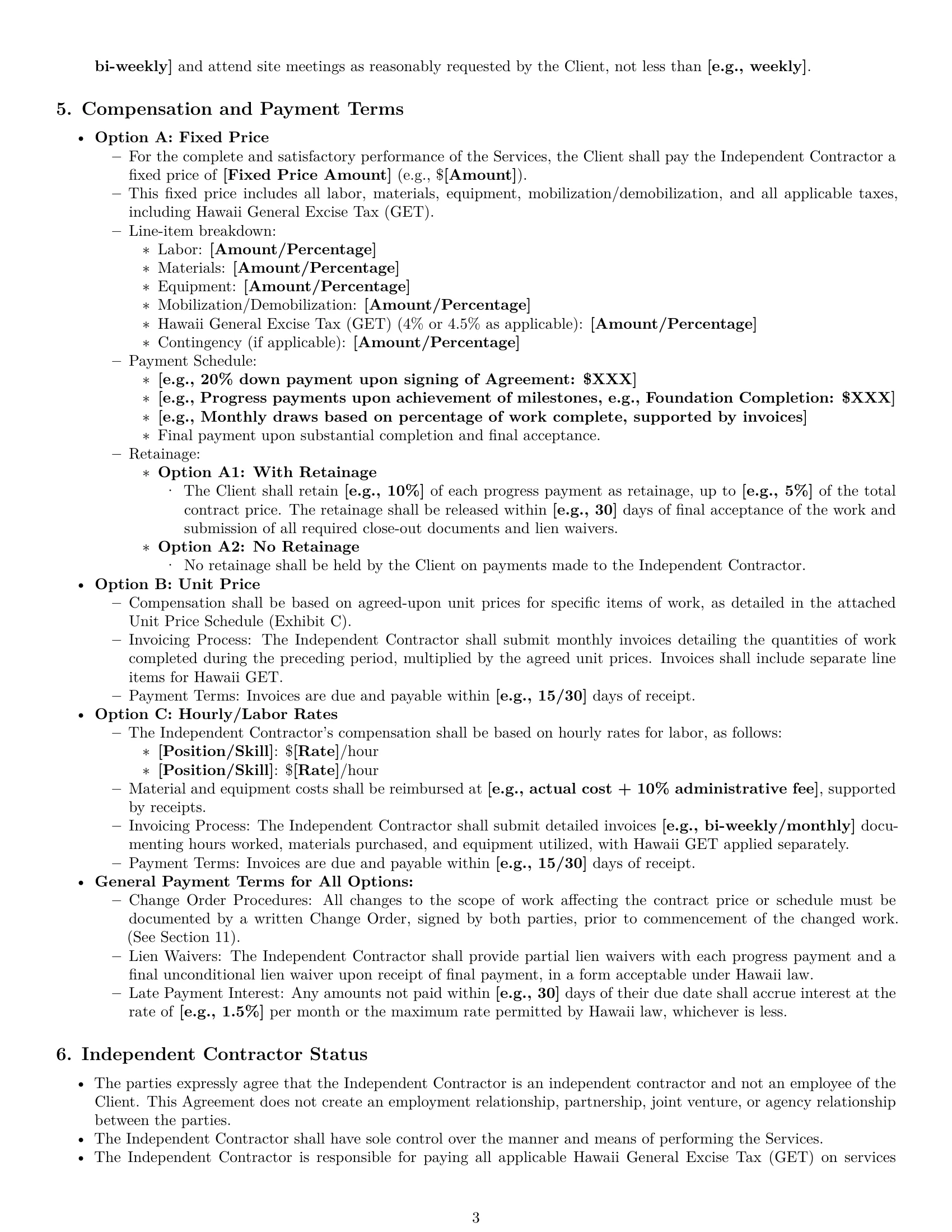 Preview page 3 of Pro Hawaii construction independent contractor agreement template