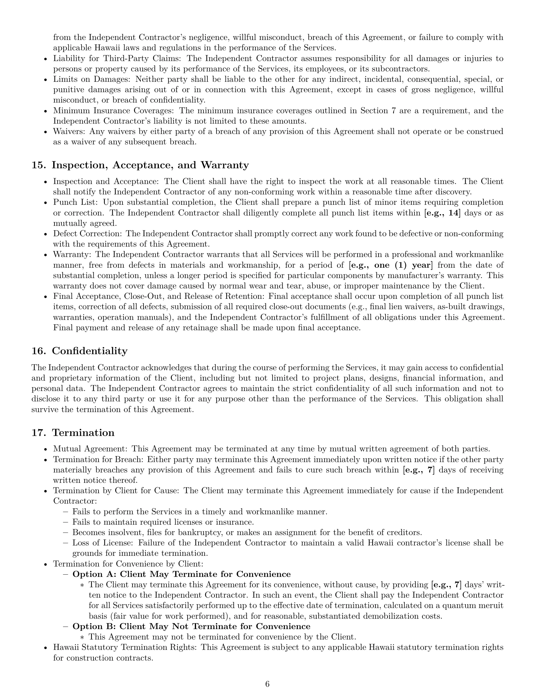 Preview page 6 of Pro Hawaii construction independent contractor agreement template