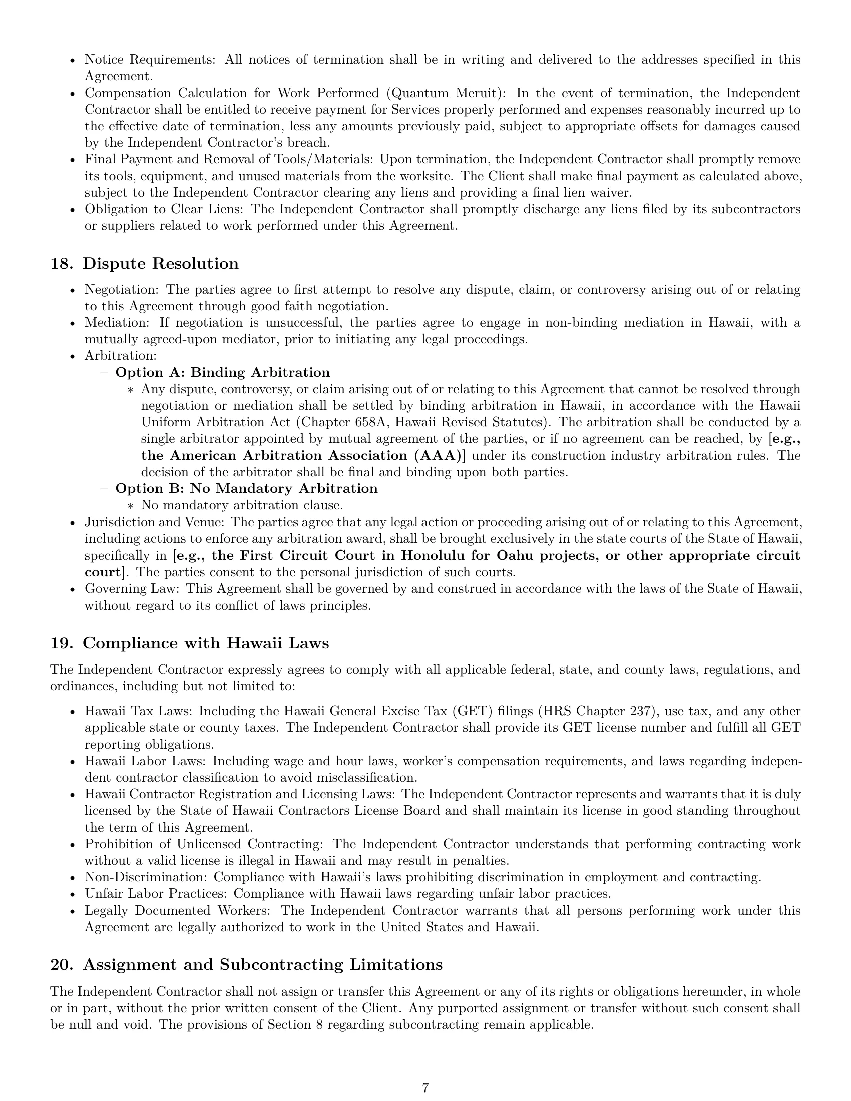 Preview page 7 of Pro Hawaii construction independent contractor agreement template