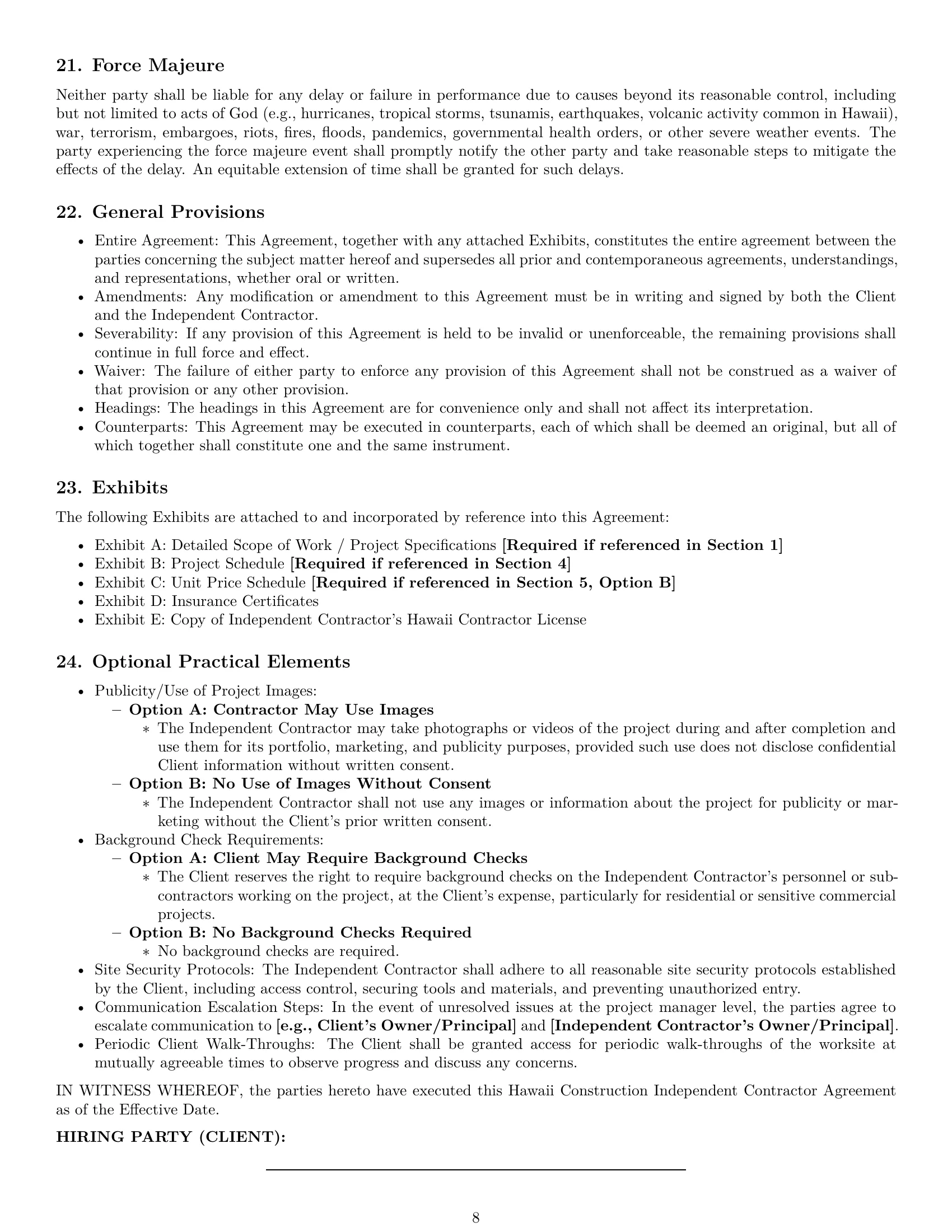 Preview page 8 of Pro Hawaii construction independent contractor agreement template