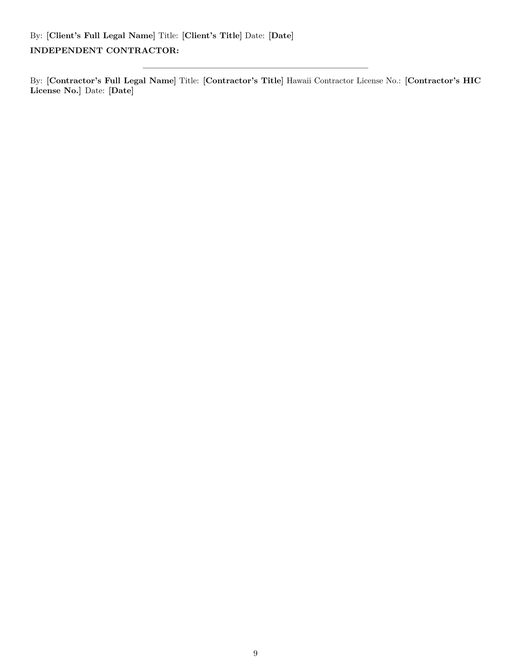 Preview page 9 of Pro Hawaii construction independent contractor agreement template