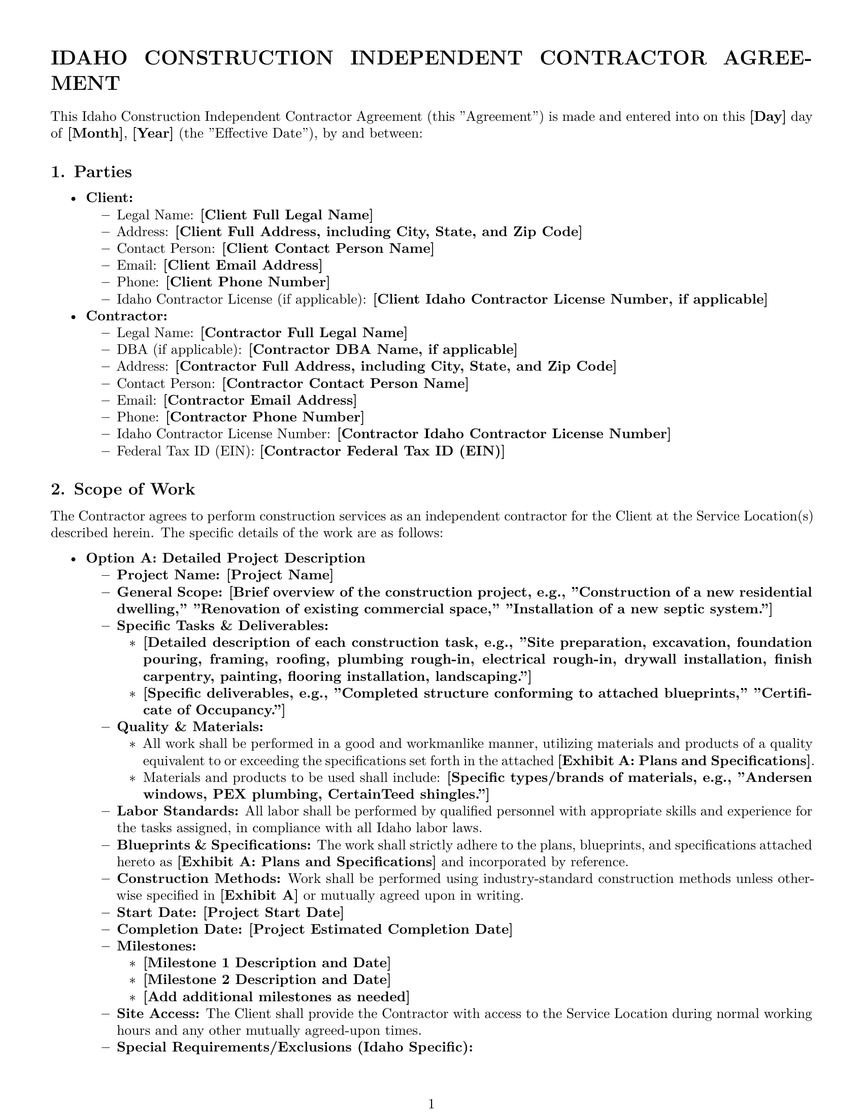 Preview page 1 of Pro Idaho construction independent contractor agreement template