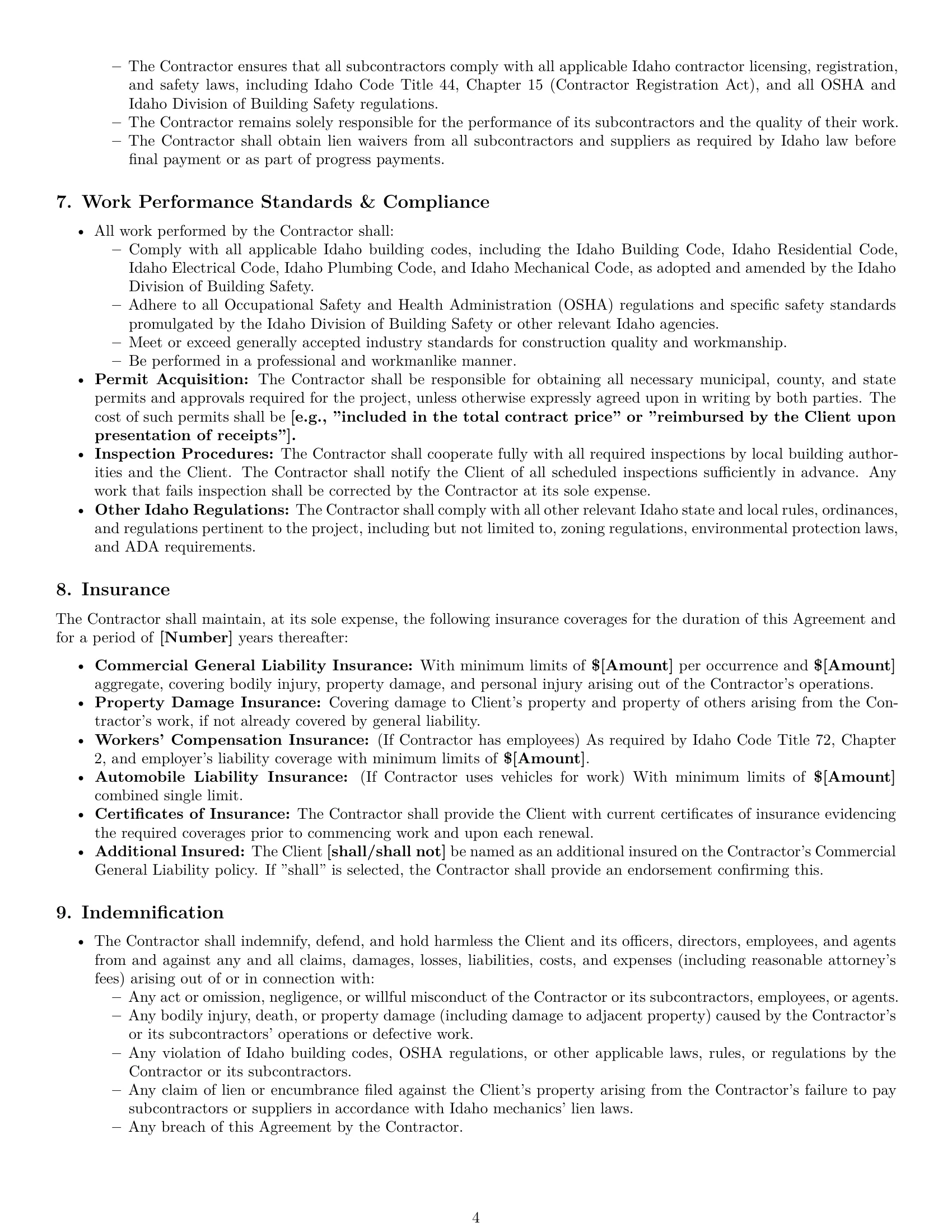 Preview page 4 of Pro Idaho construction independent contractor agreement template