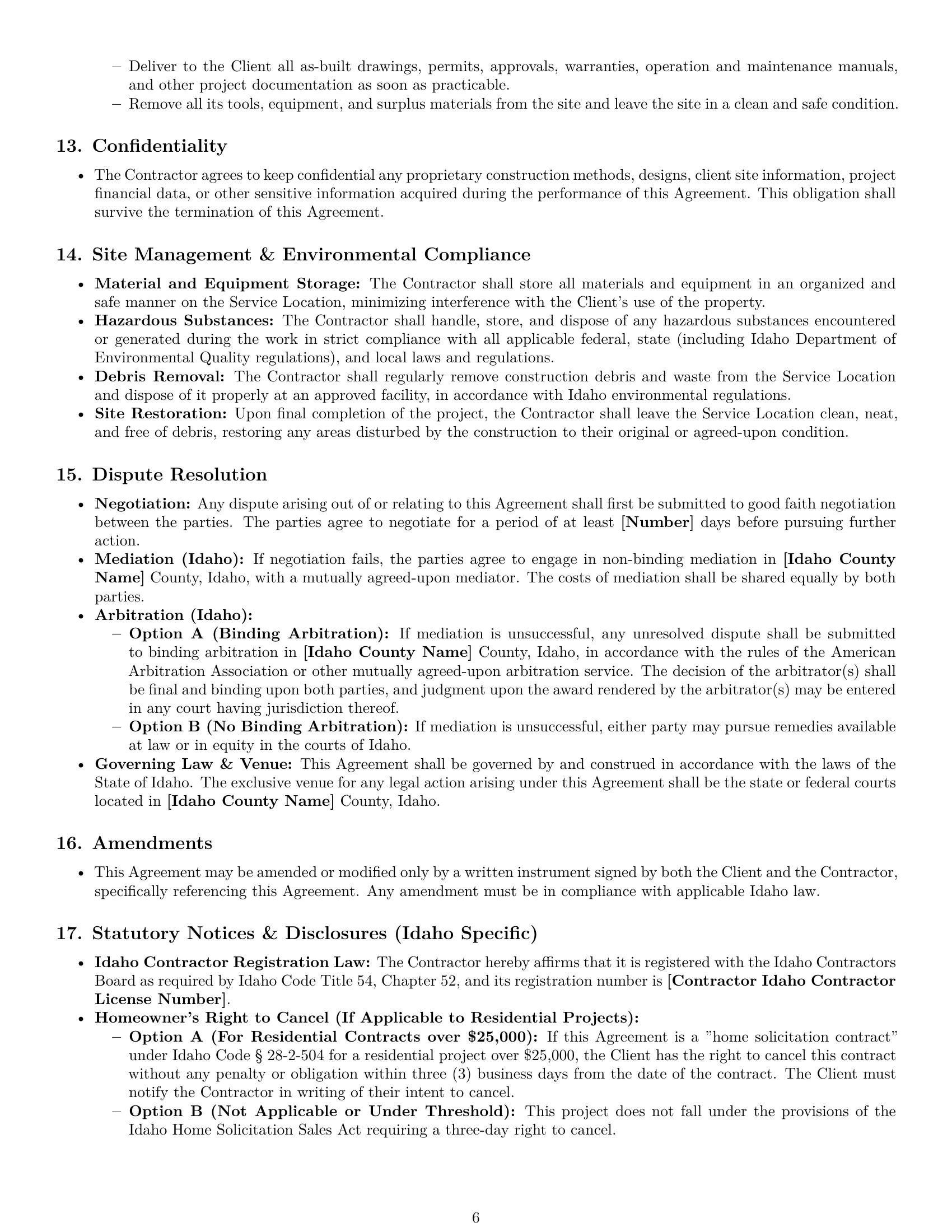 Preview page 6 of Pro Idaho construction independent contractor agreement template