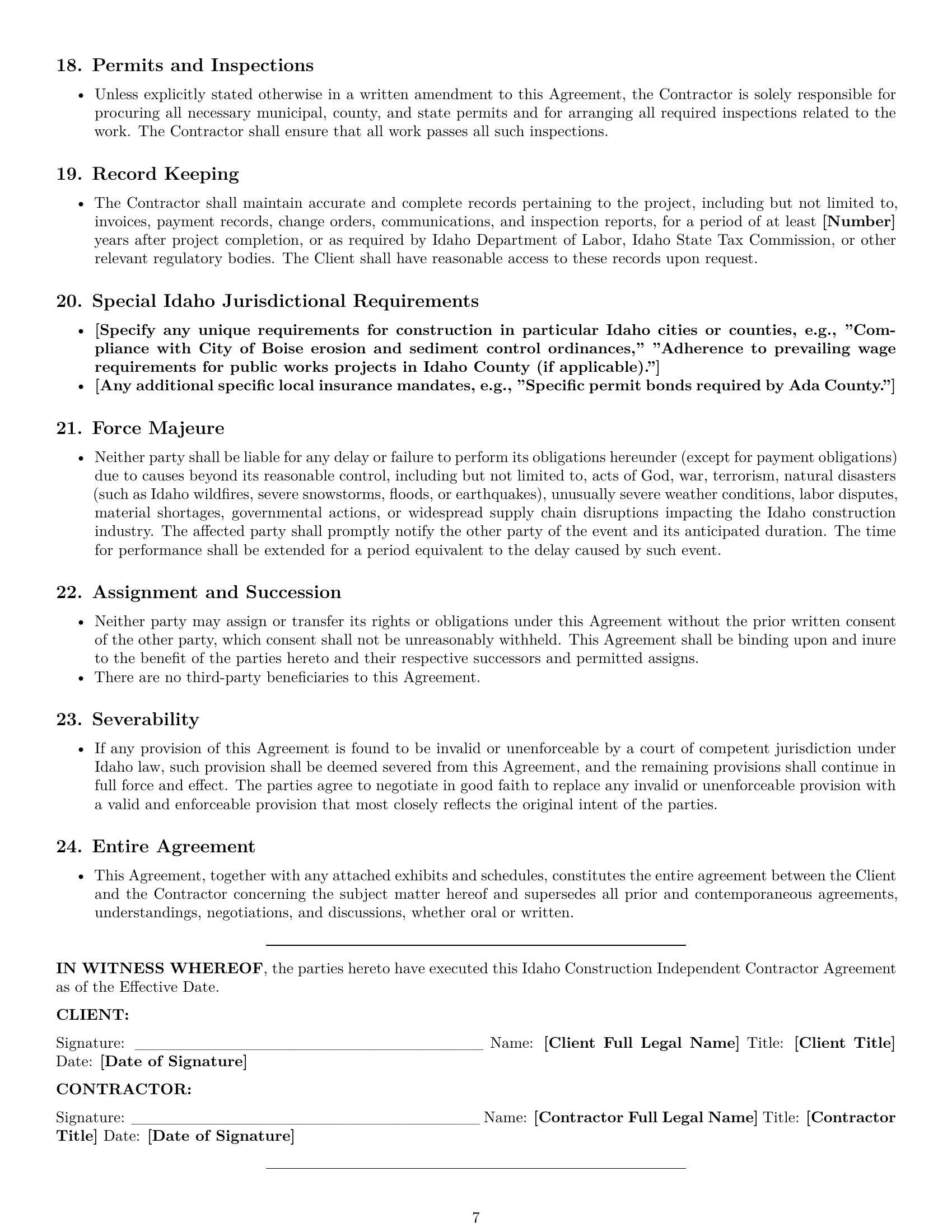 Preview page 7 of Pro Idaho construction independent contractor agreement template