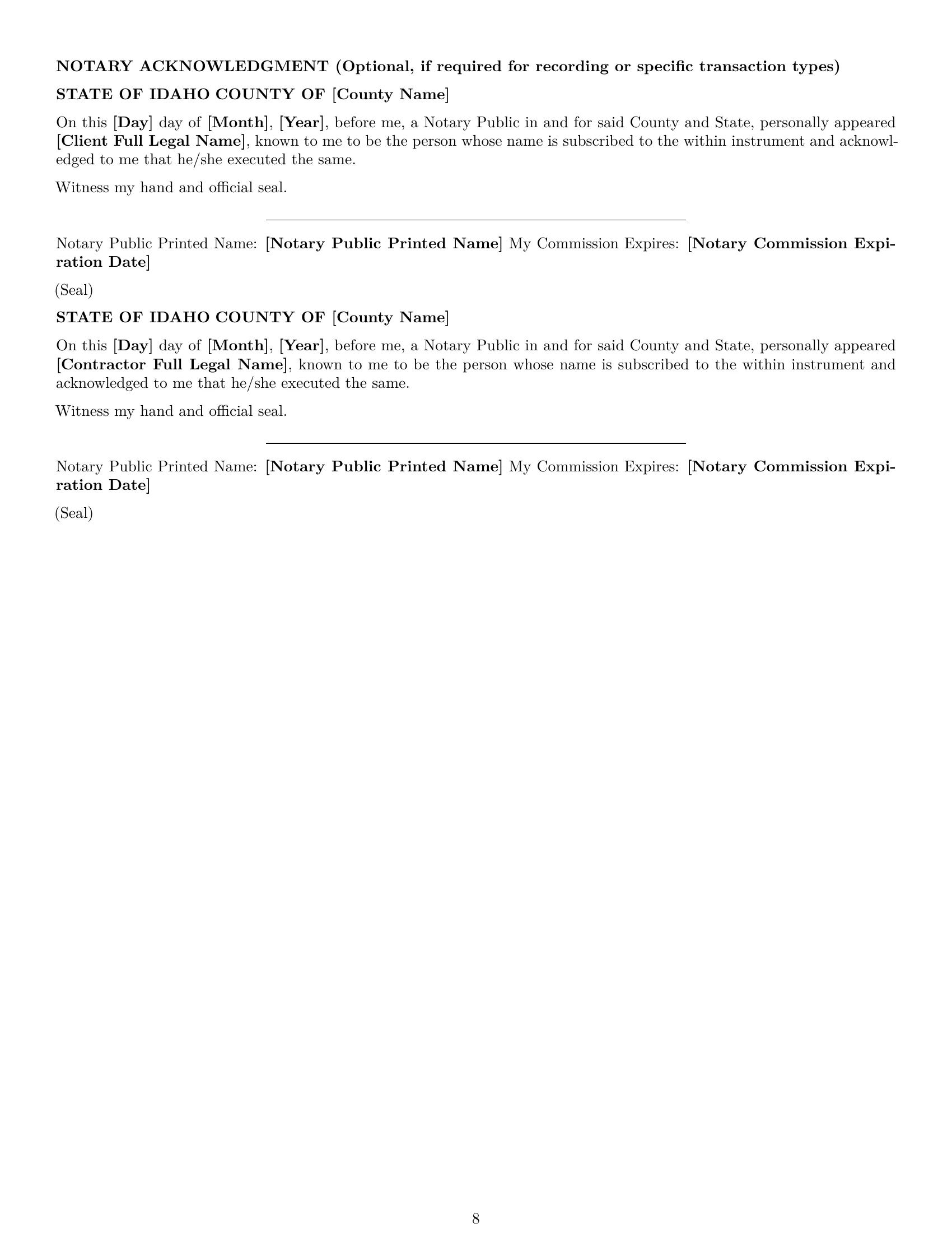 Preview page 8 of Pro Idaho construction independent contractor agreement template